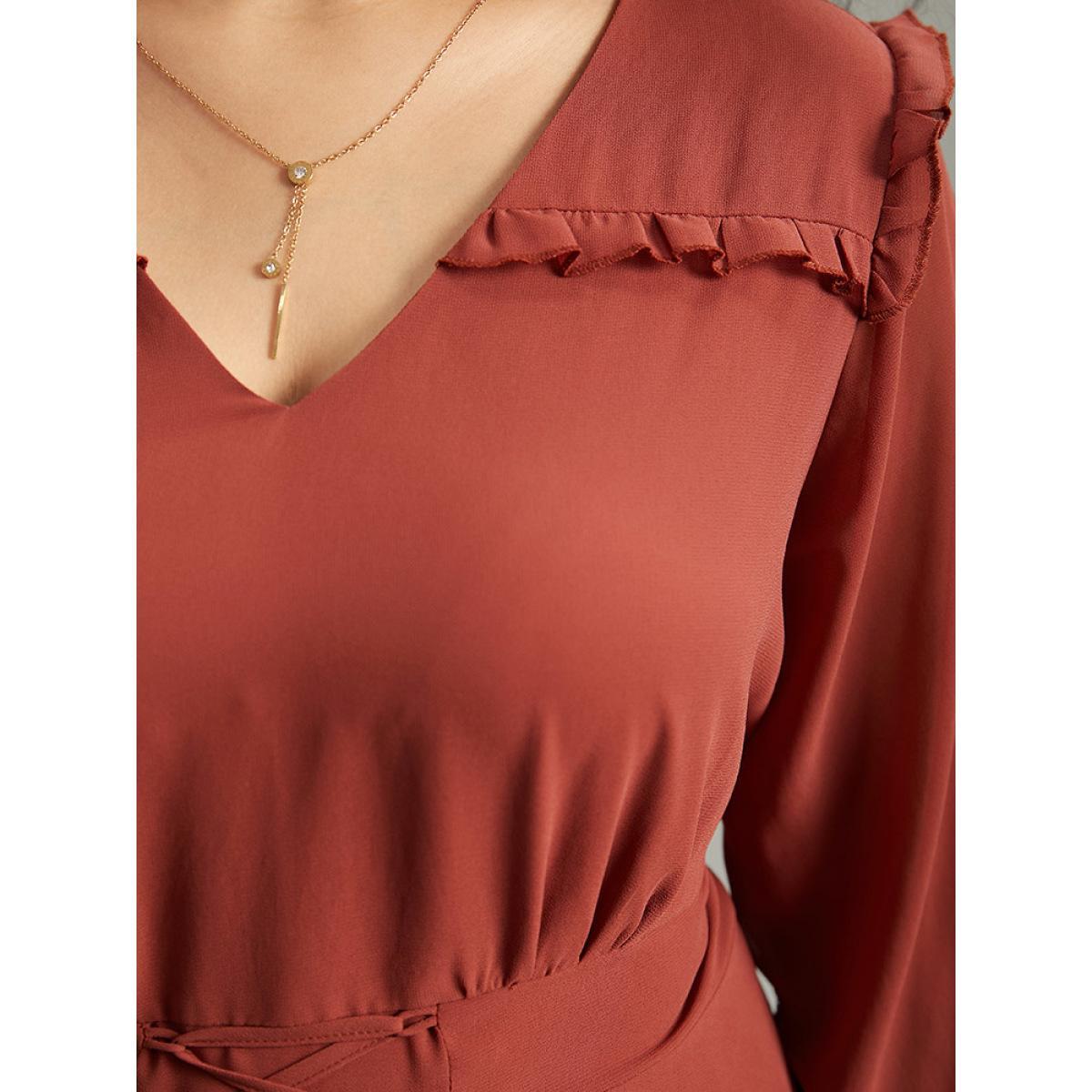 Plus Size Rust Chiffon Lace Up Shirred Frill Trim Blouse Women Office Long Sleeve V-neck Work Blouses BloomChic 28/5X Product Image