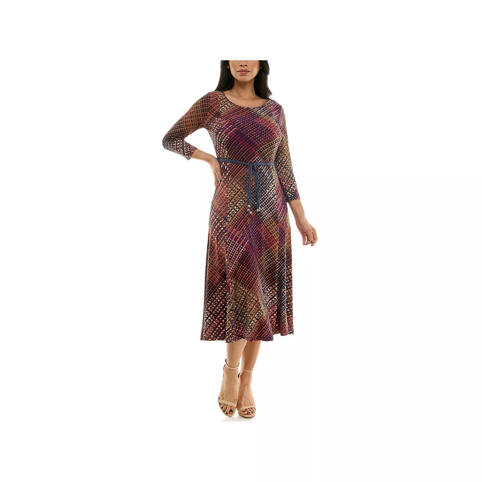 Women's Nina Leonard Sylvia Three-Quarter Sleeve Belted Midi Dress, Size: Medium, Navy Red Product Image