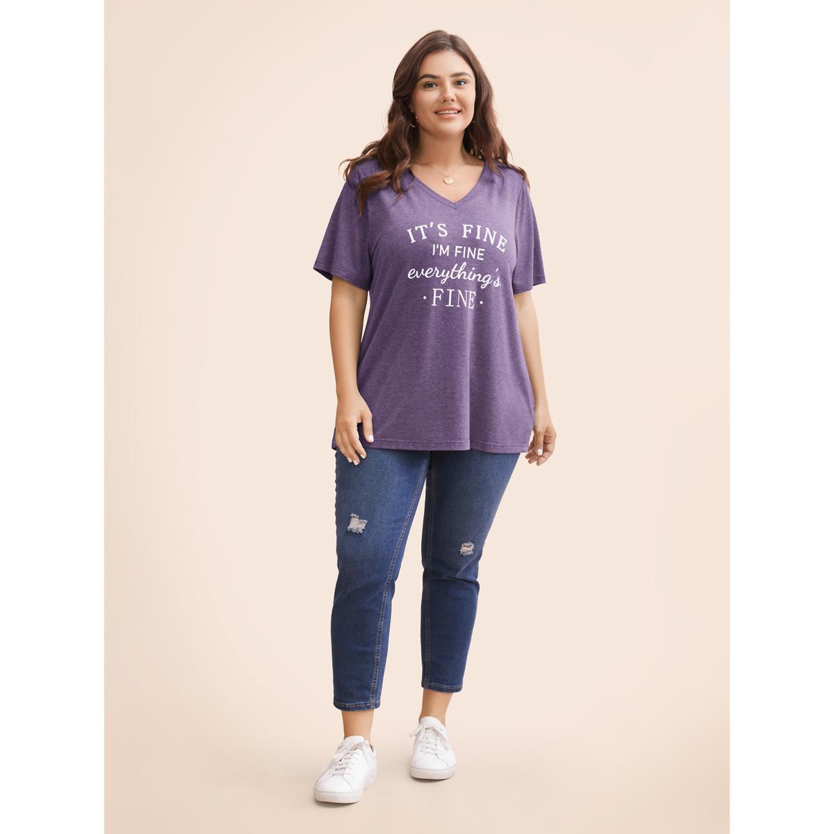 Plus Size Letter Print V Neck T-shirt Mauve Women Casual Positive slogan Dailywear T-shirts BloomChic 22-24/3X Product Image