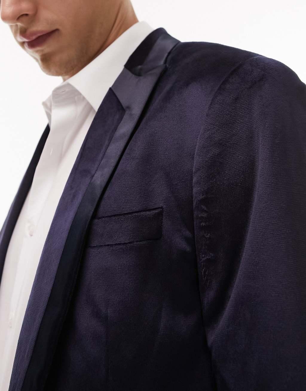 Topman skinny single breasted velvet blazer with tipping in navy Product Image