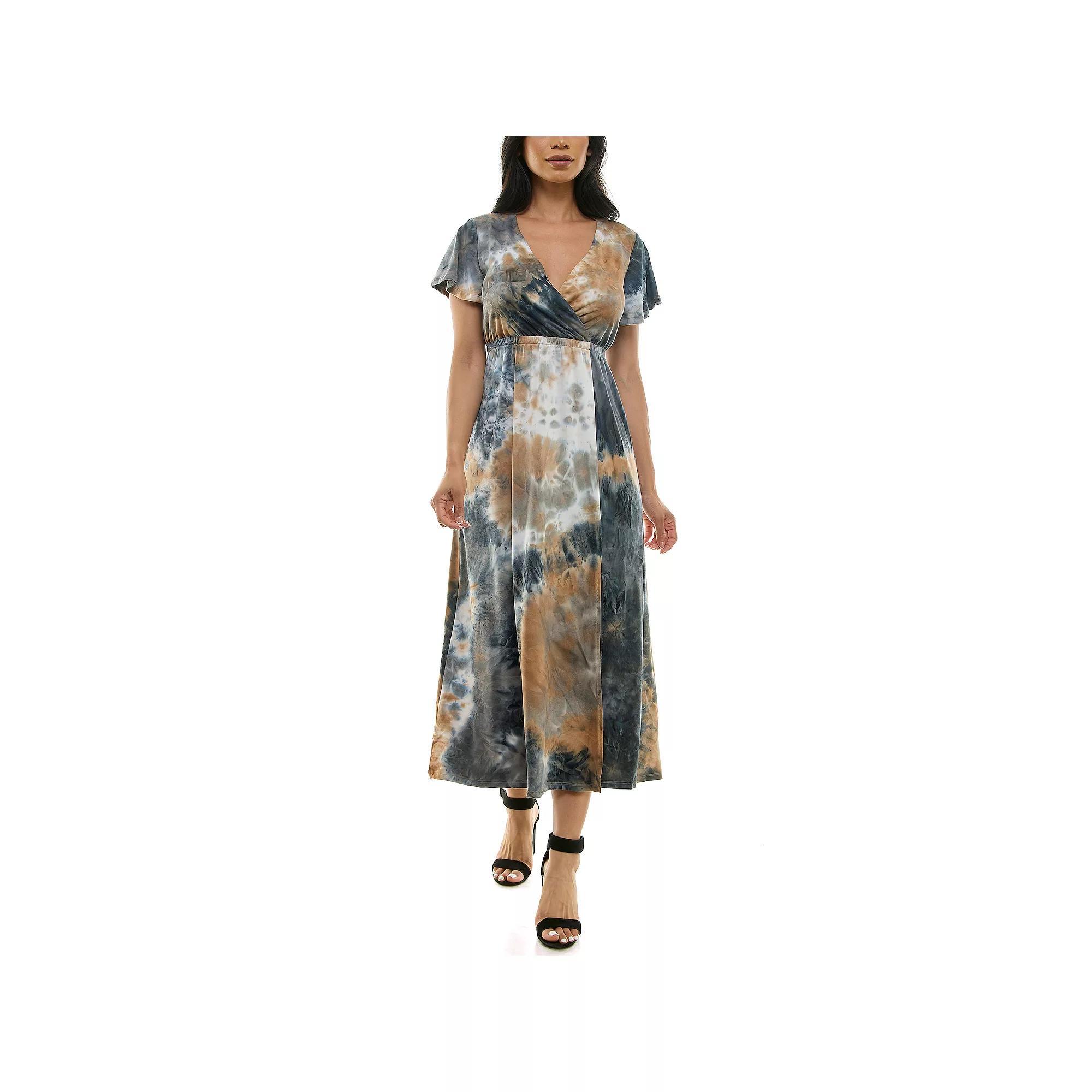 Women's Nina Leonard Tie Dye Print Flutter Sleeve V-Neck Maxi Dress, Size: Small, Grey Team Product Image