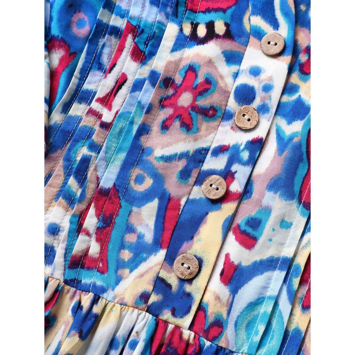 Plus Size Boho Print Pleated Ruffle Sleeve Dress Blue Women Resort Ruffles Notched collar Cap Sleeve Curvy BloomChic 28/5X Product Image
