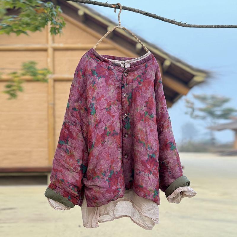 Crew Neck Floral Print Padded Blouse Product Image