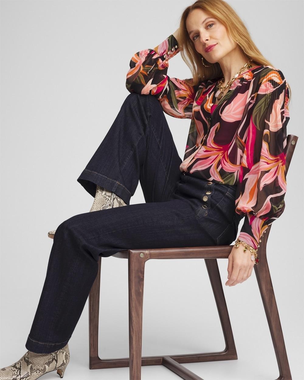 Pintuck Sleeve Orchid Print Blouse Product Image
