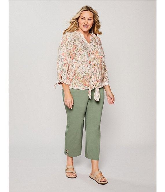 Allison Daley Plus Size Ikat Diamond Print 3/4 Tie Sleeve Y-Neck Button Front Tie-Hem Blouse Product Image