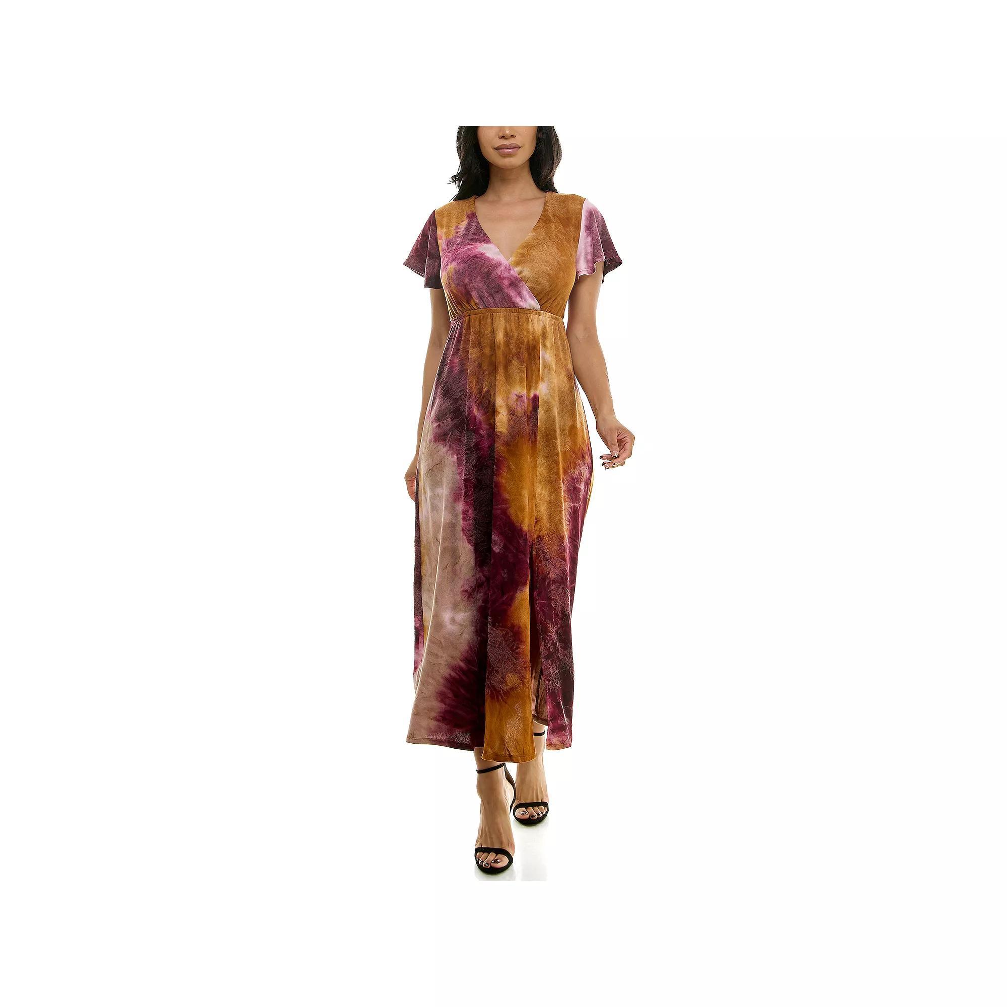 Women's Nina Leonard Tie Dye Print Flutter Sleeve V-Neck Maxi Dress, Size: Small, Grey Team Product Image