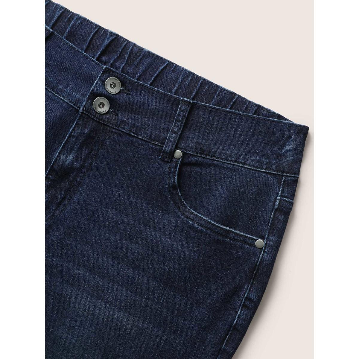 Plus Size Dark Wash Button Up Split Side Denim Shorts Women Denimindigo Button High stretch Everyday Slanted pocket Casual Denim Shorts BloomChic 22/3X Product Image
