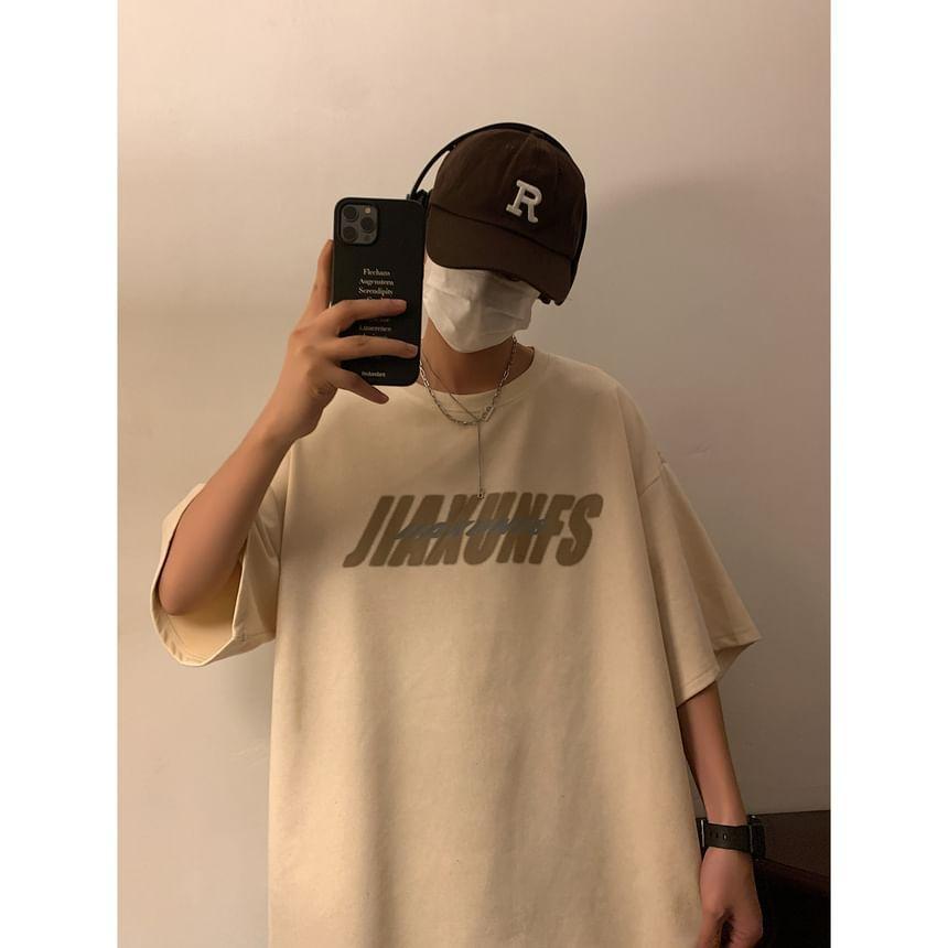 Short-Sleeve Crew Neck Lettering Print Faux Suede Tee Product Image
