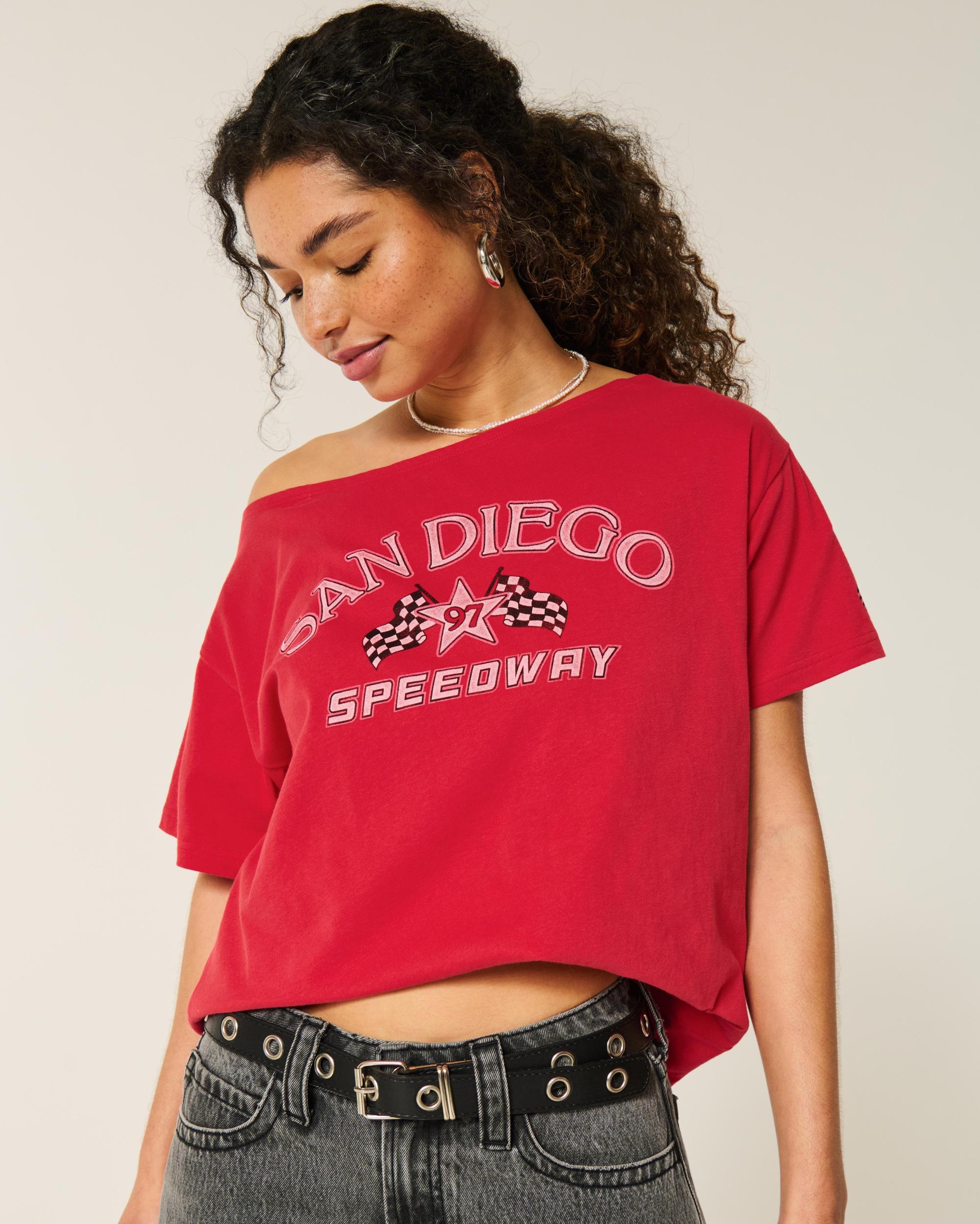 Oversized Off-the-Shoulder New York Raceway Graphic Tee Product Image