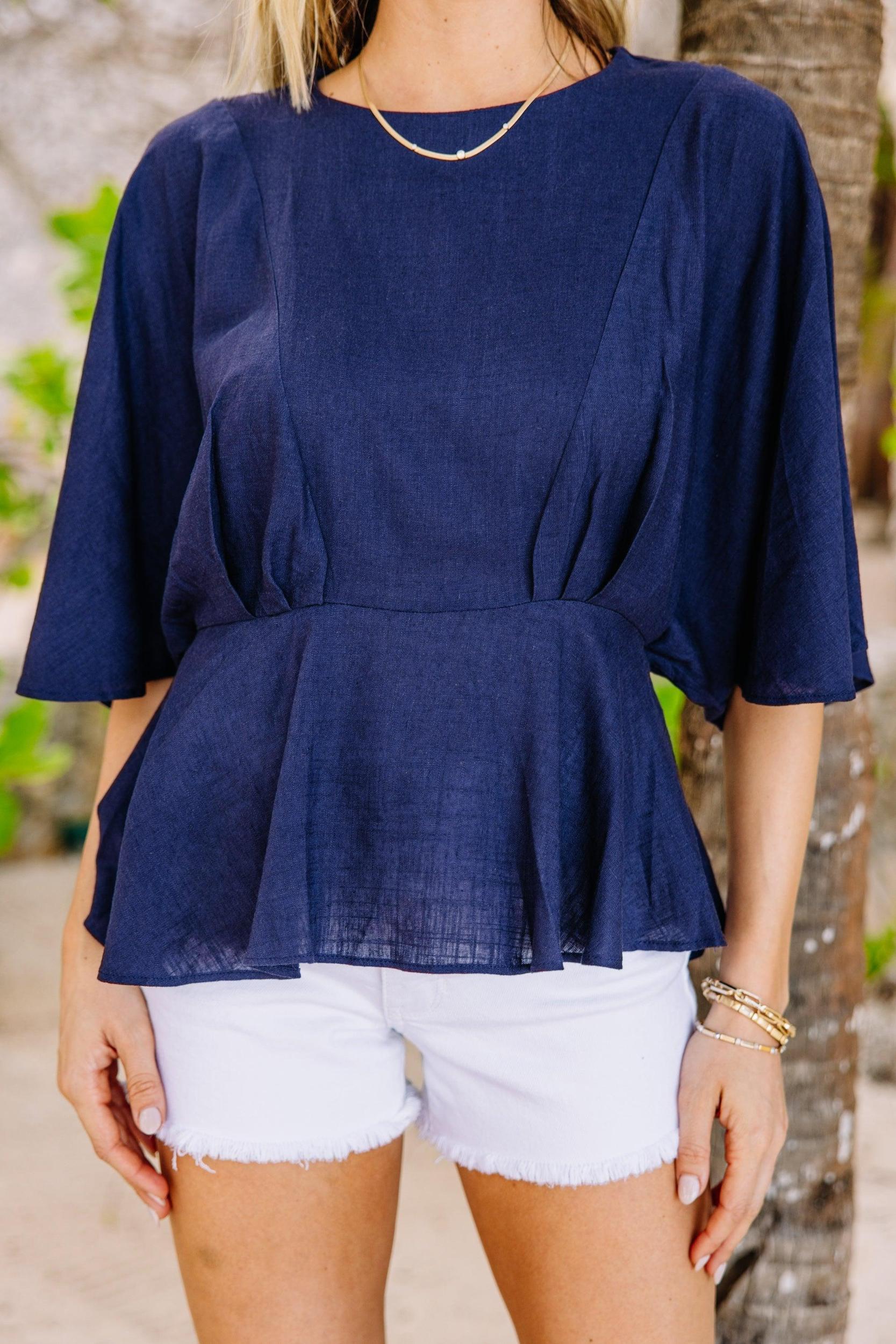 Tell Me Everything Navy Blue Peplum Linen Top Female Product Image
