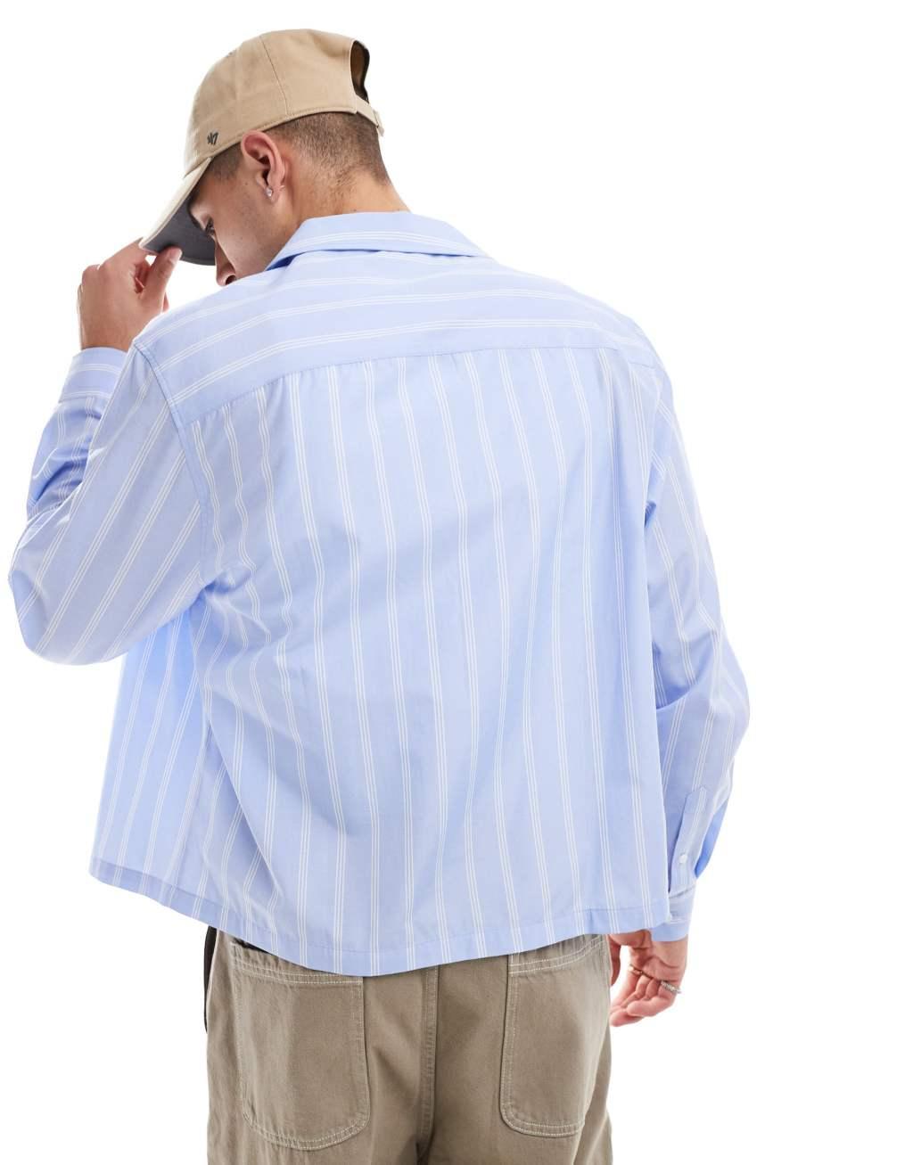 ASOS DESIGN boxy oversized camp collar shirt in blue work stripe Product Image