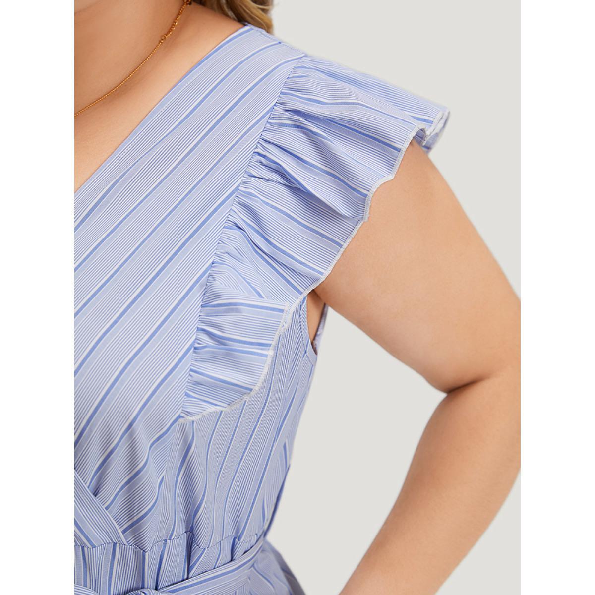 Plus Size Striped Surplice Neck Belted Ruffle Cap Sleeve Dress Stone Women Vacation Belted V-neck Cap Sleeve Curvy Midi Dress BloomChic 28/5X Product Image