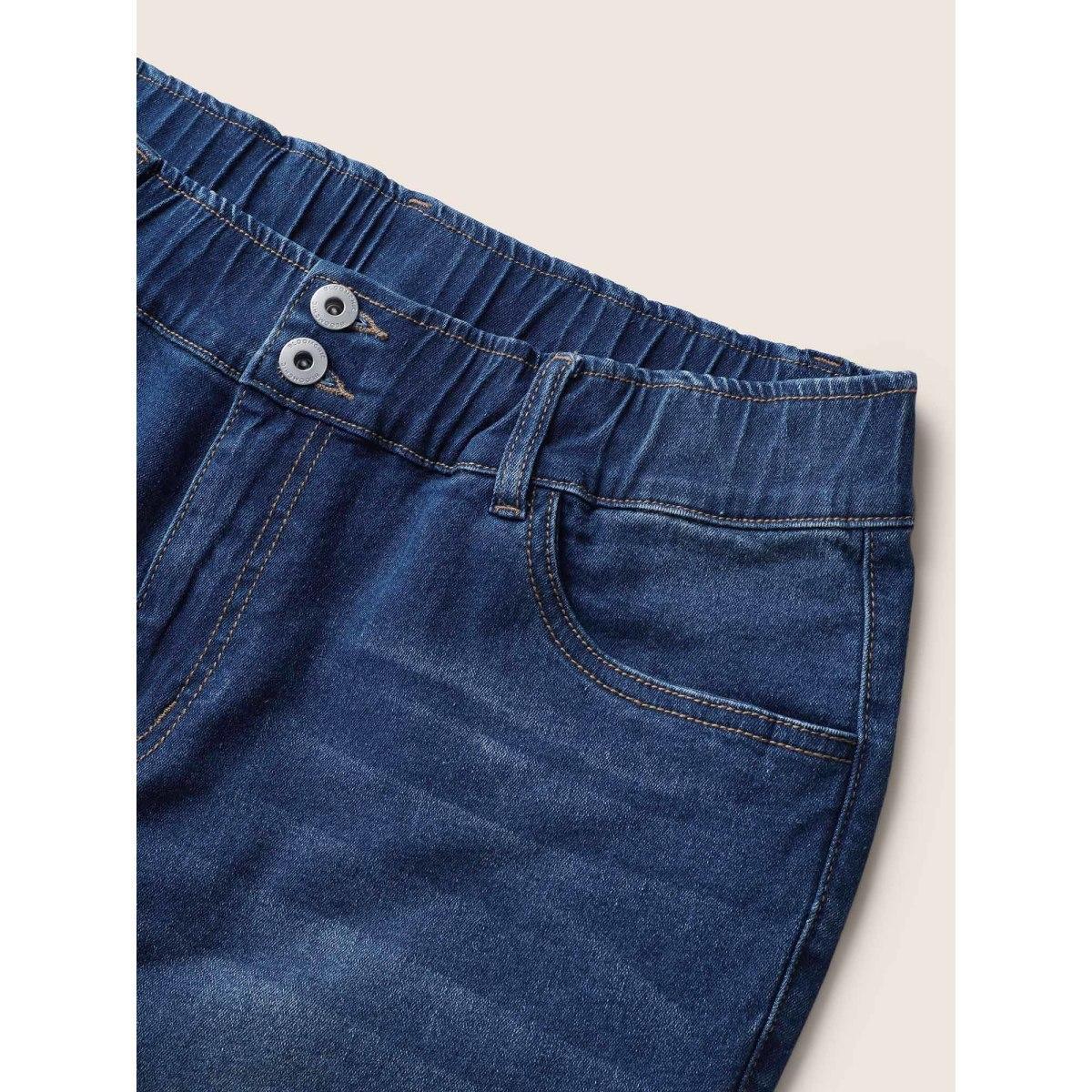 Plus Size Dark Wash Elastic Waist Split Side Jeans Women Blue Casual Slit High stretch Slanted pocket Jeans BloomChic 20/2X Product Image