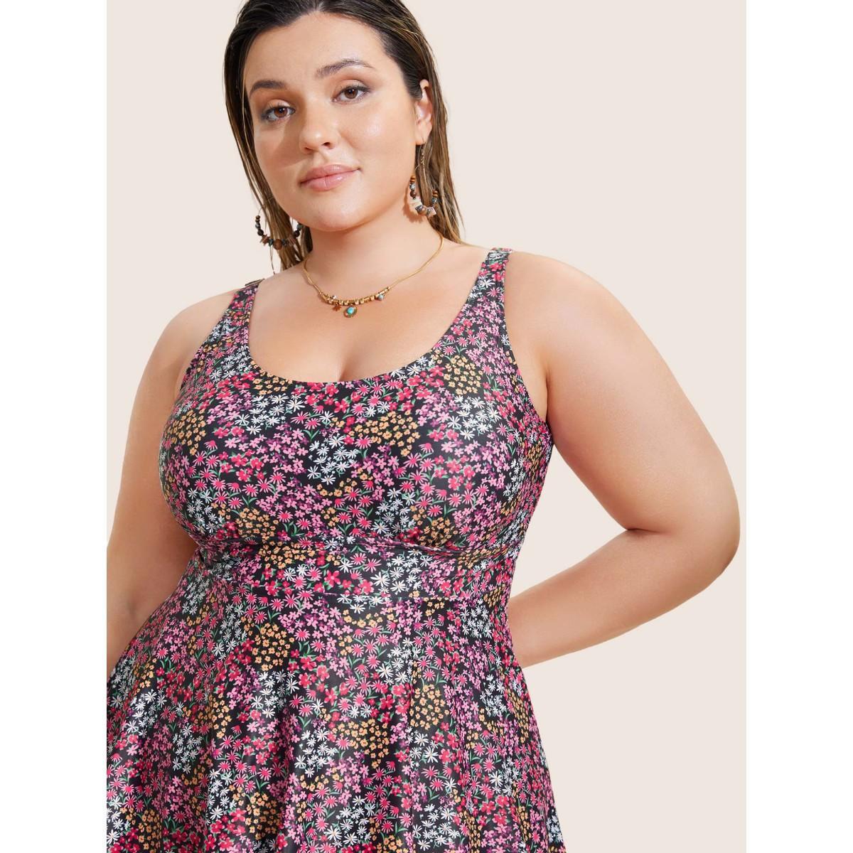 Plus Size Ditsy Floral U Neck High Rise Swim Dress Women's Swimwear Multicolor Beach Bodycon U-neck High stretch Curve Swim Dresses BloomChic 12/L Product Image