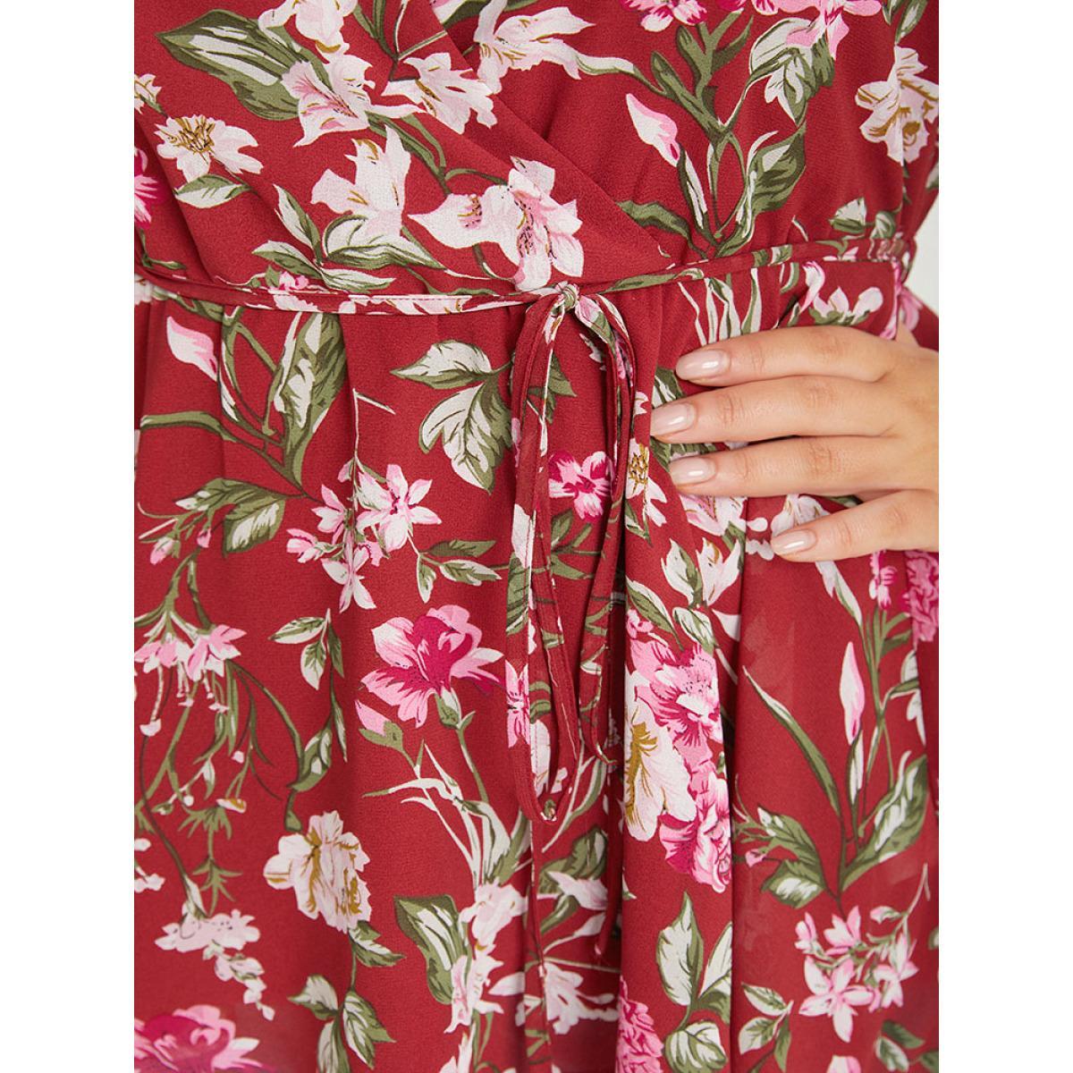Plus Size Scarlet Floral Wrap Ruffle Sleeve Ties Blouse Women Elegant Short sleeve V-neck Dailywear Blouses BloomChic 14-16/1X Product Image