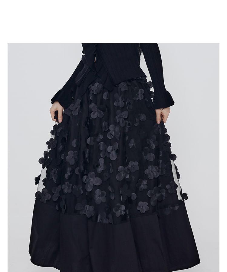 Elastic Waist Mesh Panel Floral Accent Maxi A-Line Skirt Product Image