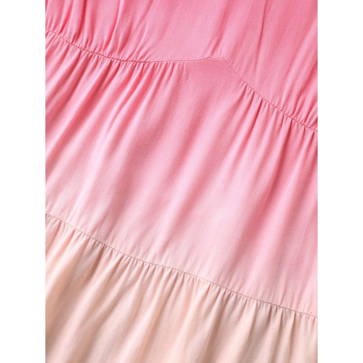 Plus Size Peach Rayon Tie-Dye V-Neck Tiered Blouse Women Short sleeve V-neck Vacation Blouses BloomChic 12/L Product Image