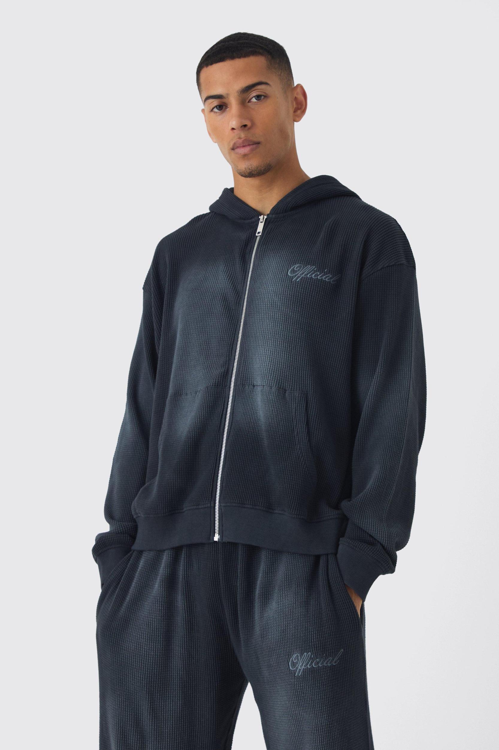 Oversized Spray Wash Heavy Waffle Embroidered Zip Through Hooded Tracksuit | boohooMAN USA Product Image