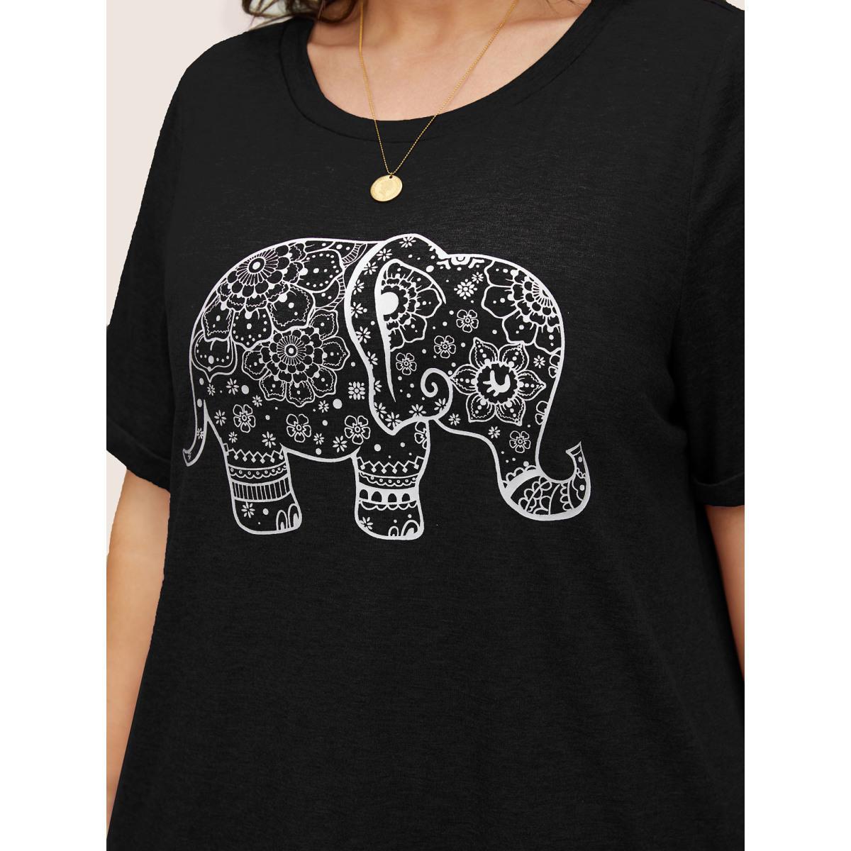 Plus Size Art & Design Elephant Print T-shirt Black Women Casual Non Art&design Round Neck Everyday T-shirts BloomChic 22-24/3X Product Image