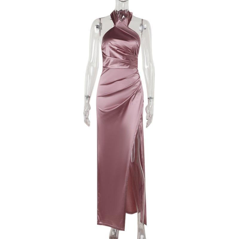 Sleeveless Halter Neck Plain Slit Bodycon Maxi Dress Product Image