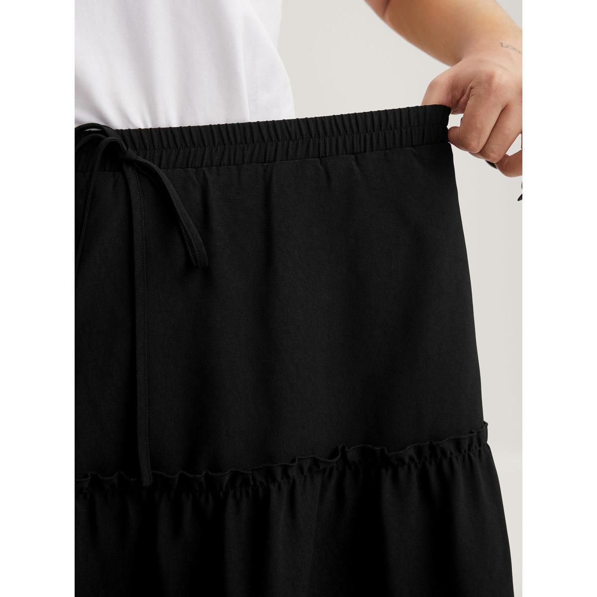 Plus Size Tiered Waist-Tie A-Line Midi Skirt Women Black No stretch Side seam pocket Everyday-Casual Skirts BloomChic 30/6X Product Image