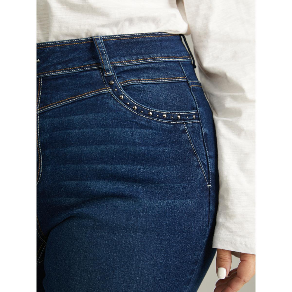 Plus Size Beaded Detail Pocket Full Length Jeans Women Indigo Casual Plain Beaded High stretch Pocket Jeans BloomChic 24/3X Product Image