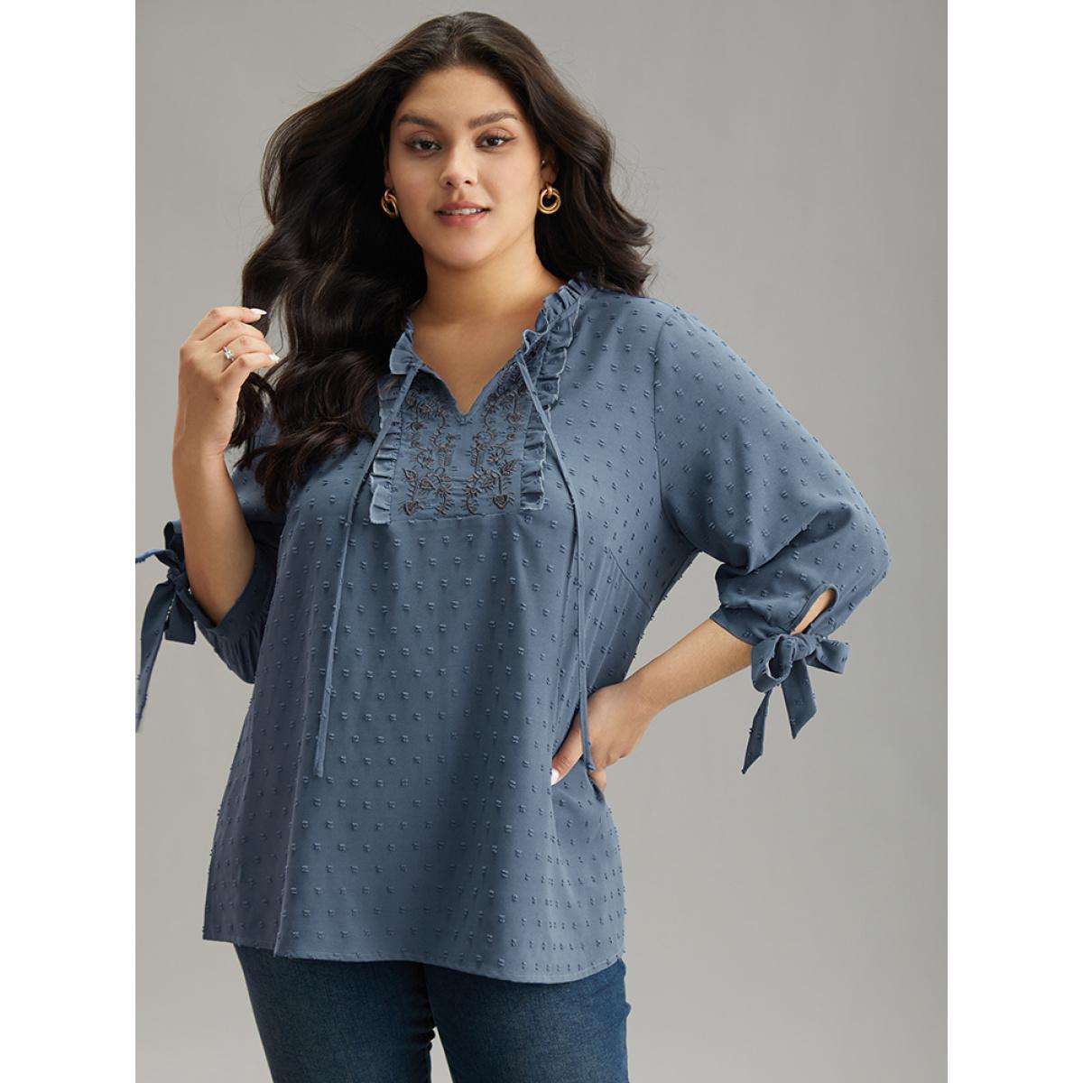 Plus Size Stone Textured Embroidered Frill Trim Tie Neck Blouse Women Vacation Long Sleeve Tie Neck Dailywear Blouses BloomChic 18-20/2X Product Image
