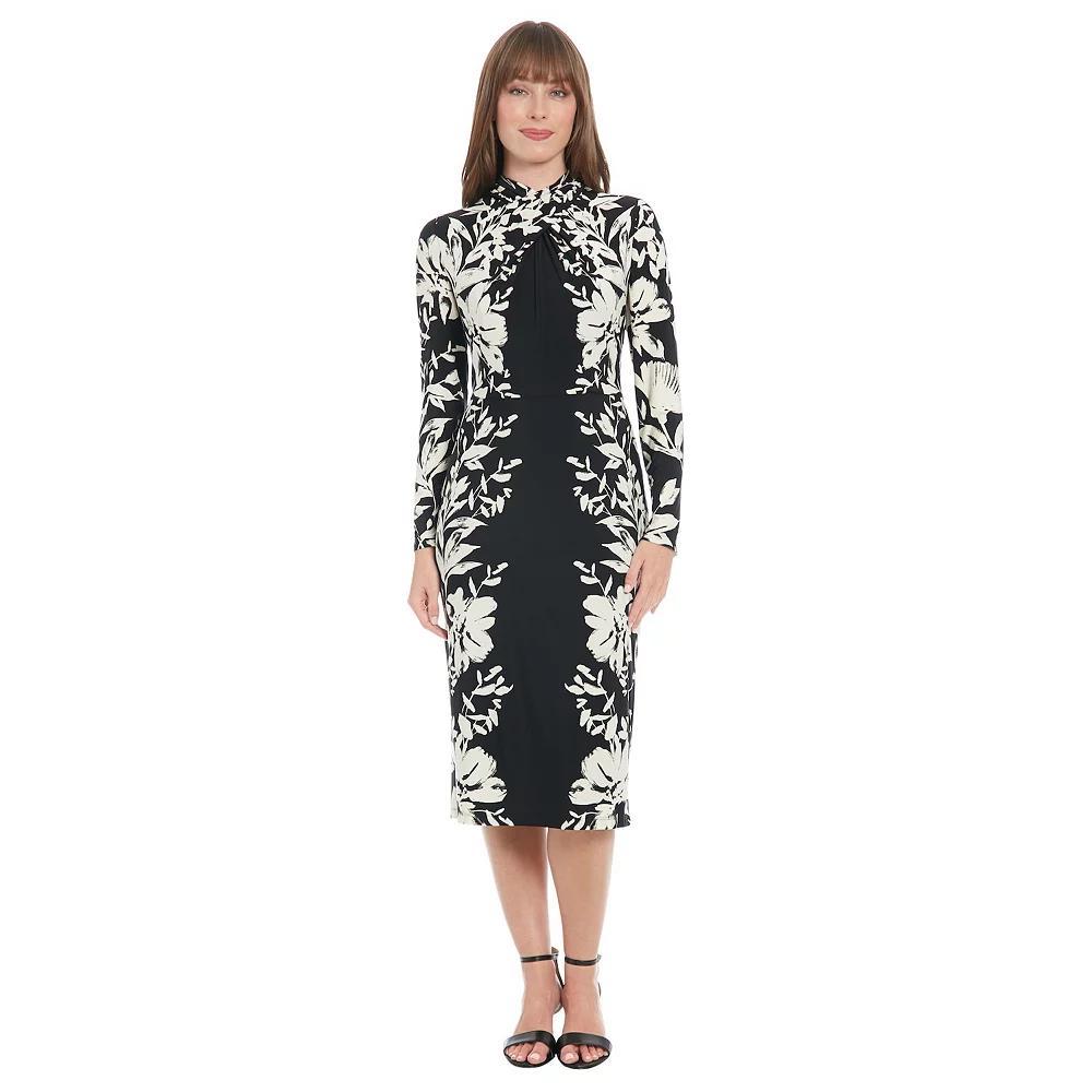 Women's London Times Criss Cross Neck Long Sleeve Midi Dress, Size: 10 Petite, Black Cream Product Image