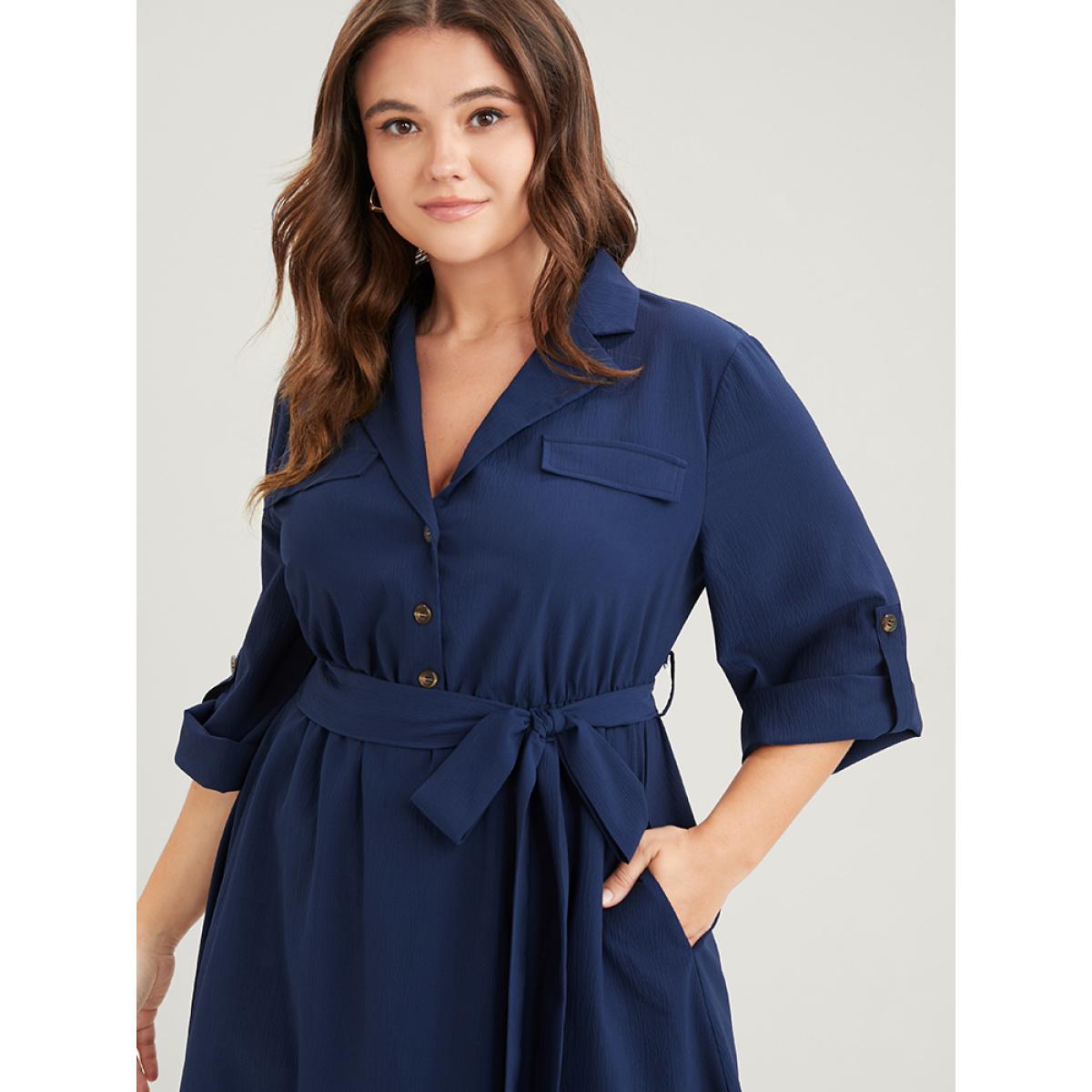 Plus Size Plain Button Cuffed Sleeve Pocket Belted Lapel Collar Dress DarkBlue Women Office Belted Lapel Collar Elbow-length sleeve Curvy Midi Dress BloomChic 12/L Product Image
