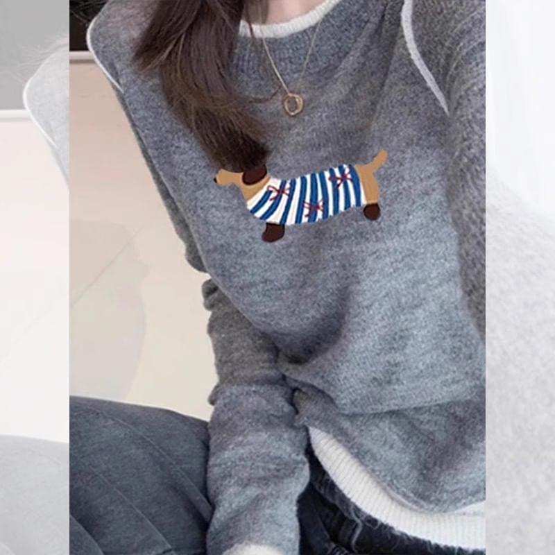 Long-Sleeve Round Neck Dog Print Contrast Trim Knit Top Product Image