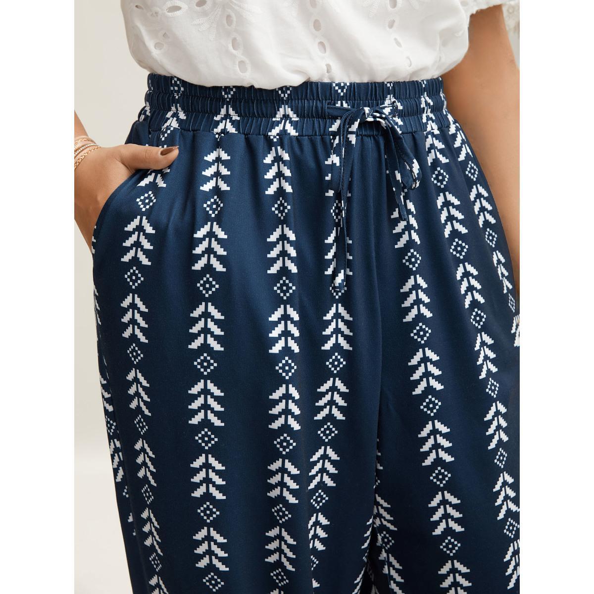 Plus Size Boho Geometric Print Stretchy Waist Pants Women Indigo Casual Mid Rise Everyday Pants BloomChic 12/L Product Image
