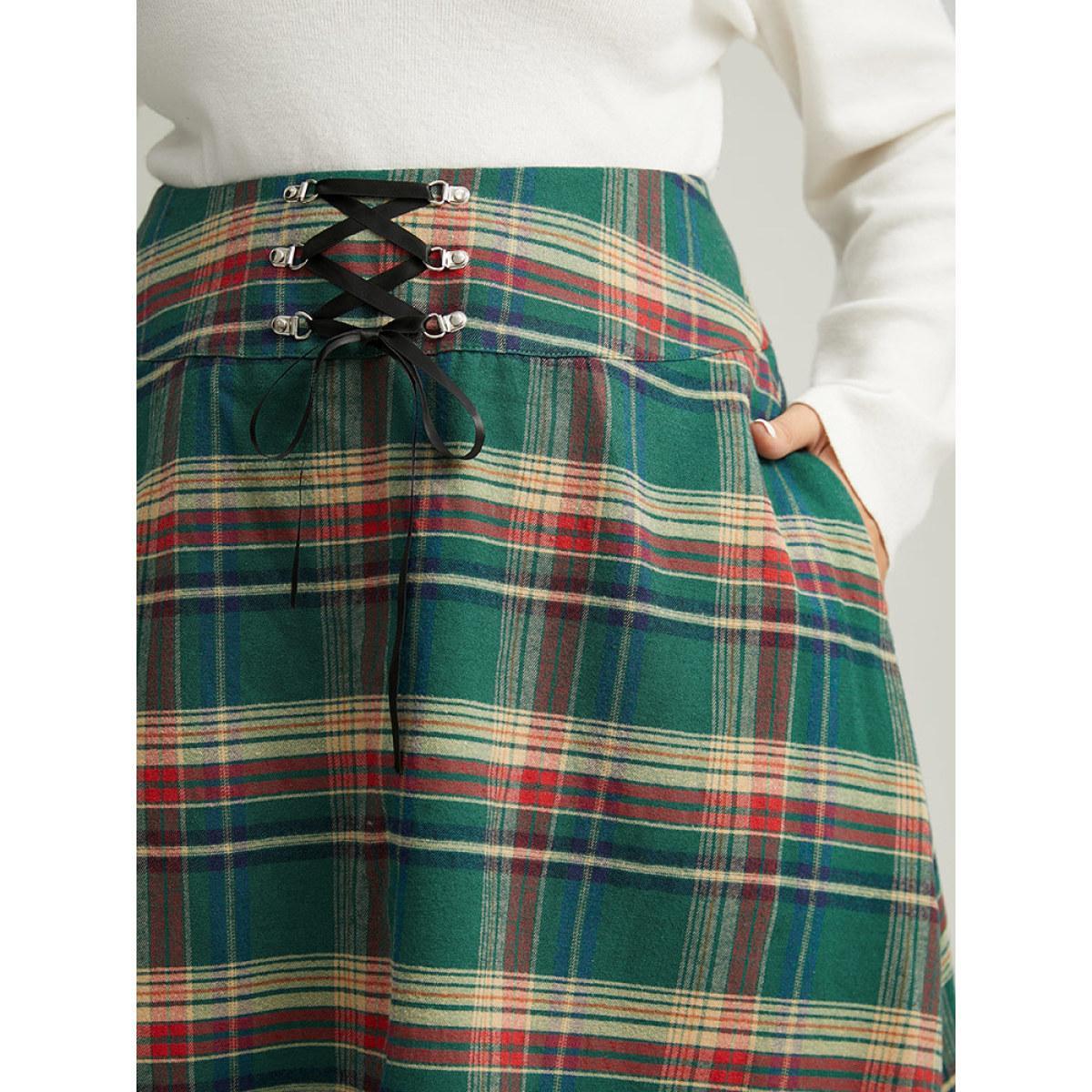 Plus Size Plaid Lace Up Pocket Cropped Skirt Women DarkGreen Party Style accents No stretch Pocket Festival-Christmas Skirts BloomChic 28/5X Product Image