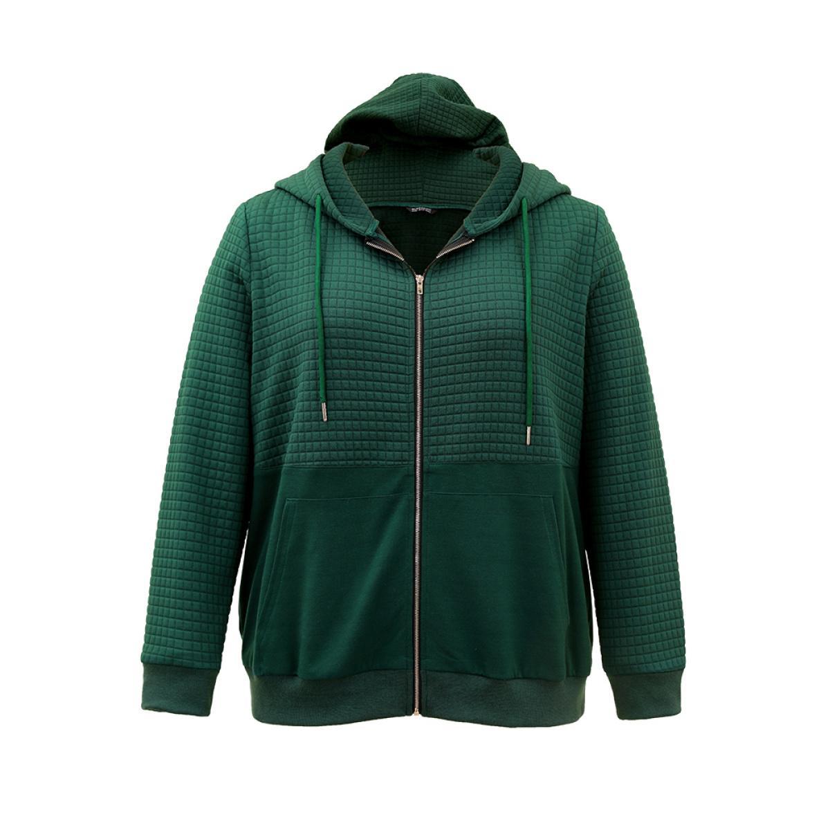 Plus Size Plain Texture Pocket Zipper, Sweatshirt Women DarkGreen Casual Elastic cuffs Hooded Dailywear Sweatshirts BloomChic 18-20/2X Product Image