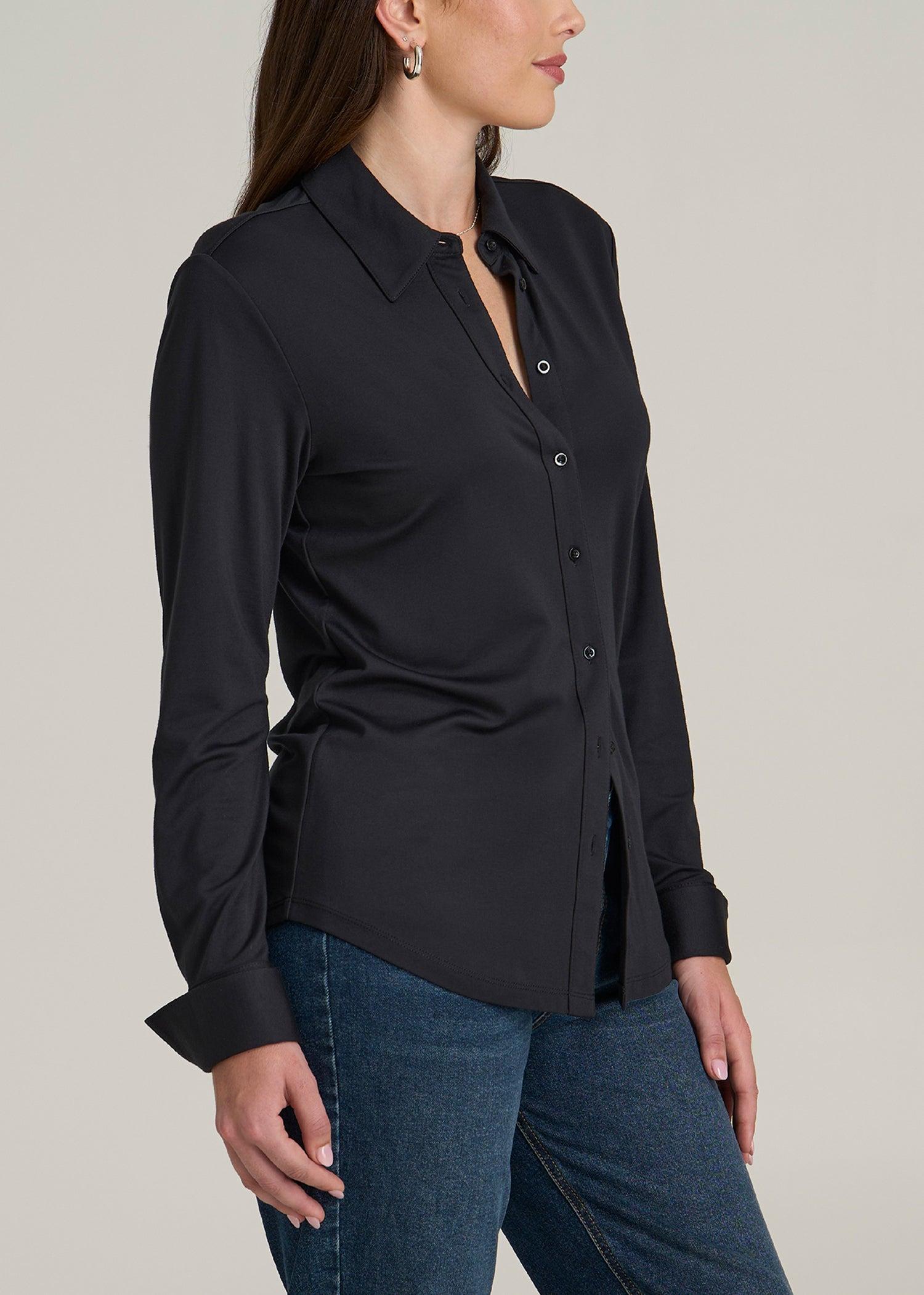 Slub Knit Button Up Women's Tall Shirt in Black Product Image