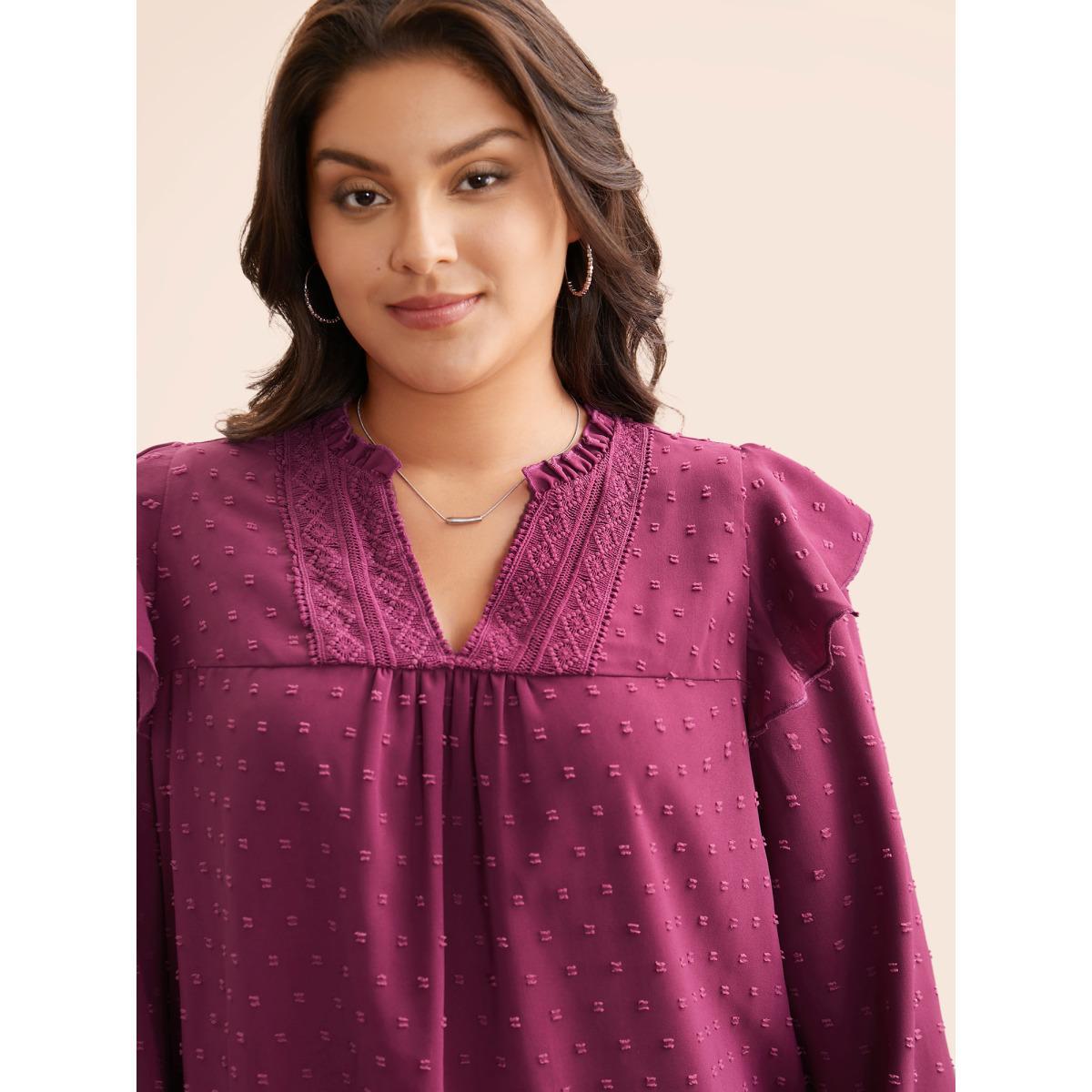Plus Size RedViolet Texture Woven Ribbon Patchwork Ruffles Blouse Women Elegant Long Sleeve Flat collar with V-notch Everyday Blouses BloomChic 10/M Product Image