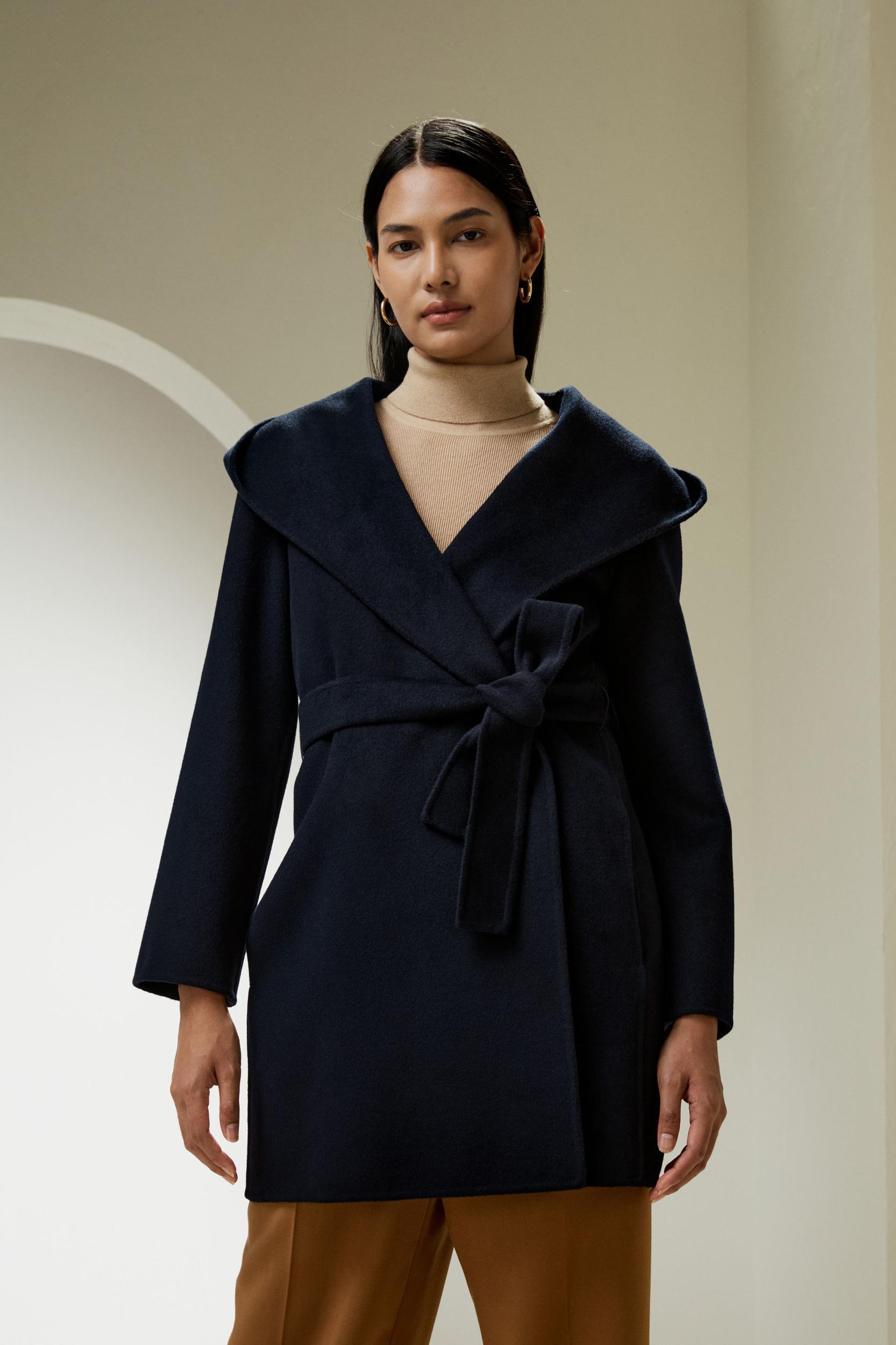 Cashmere-Wool-Blend Belted Short Hooded Coat Product Image