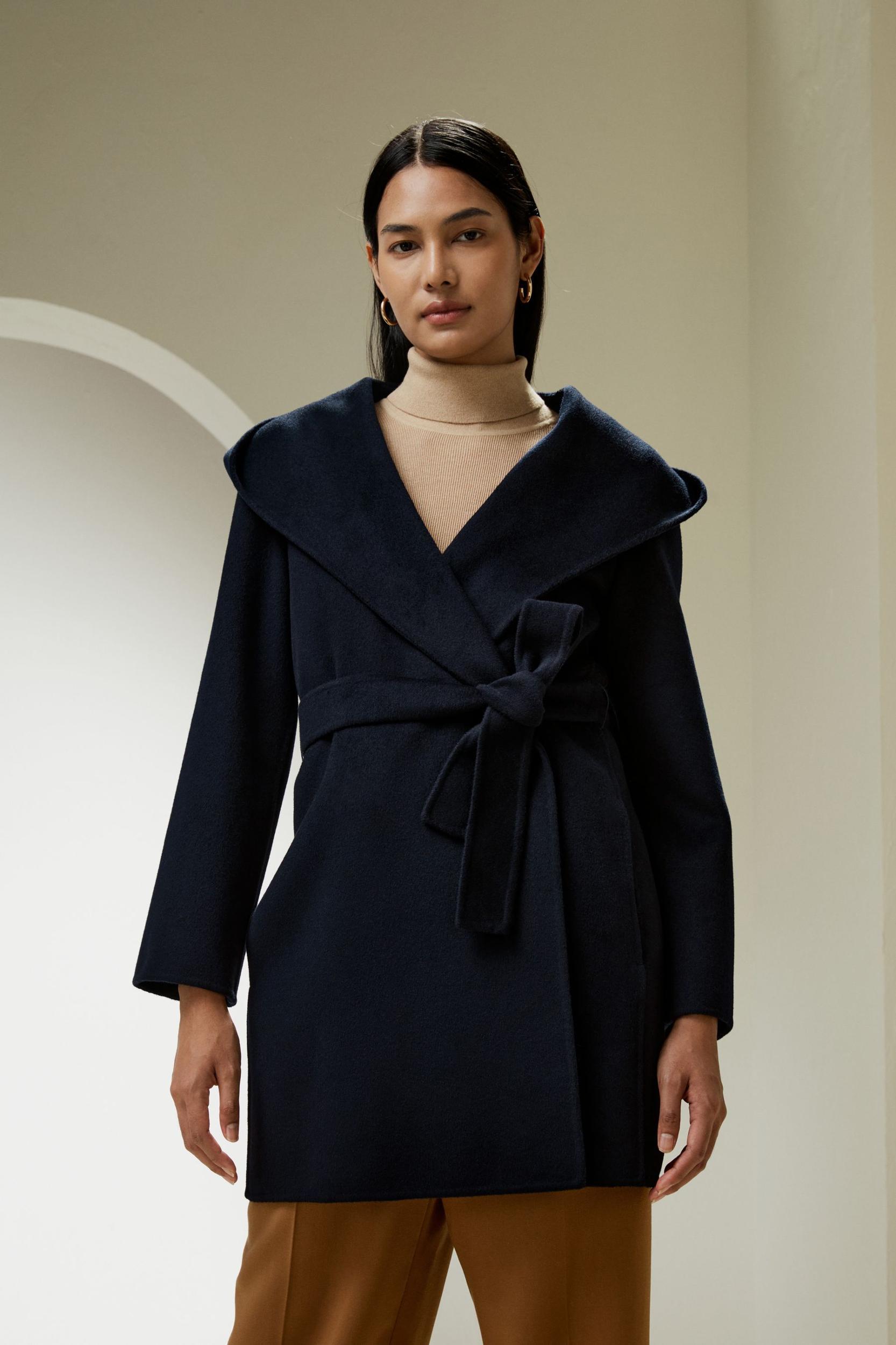 Cashmere-Wool-Blend Belted Short Hooded Coat Product Image