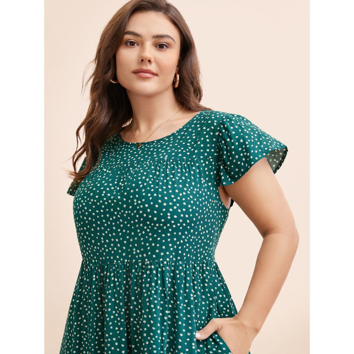 Plus Size Polka Dot Pocket Cap Sleeve Gathered Layered Dress Cyan Women Casual Gathered Round Neck Cap Sleeve Curvy Midi Dress BloomChic 26/4X Product Image