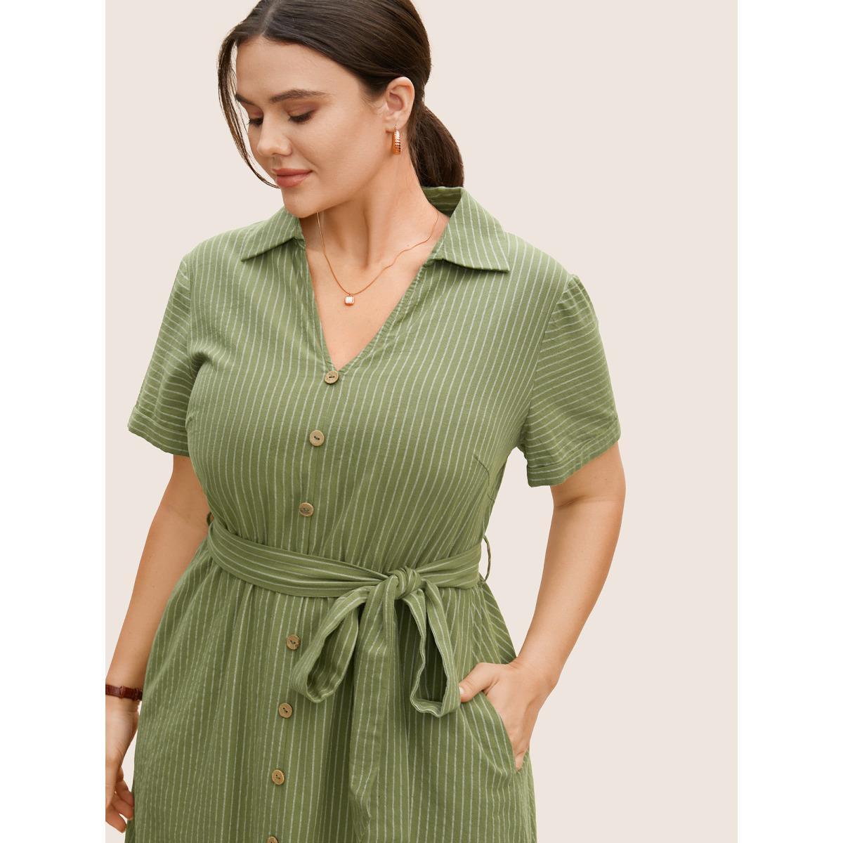 Plus Size Striped Button Detail Belted Midi Dress Sage Women At the Office Belted Shirt collar Sleeveless Curvy BloomChic 22-24/3X Product Image