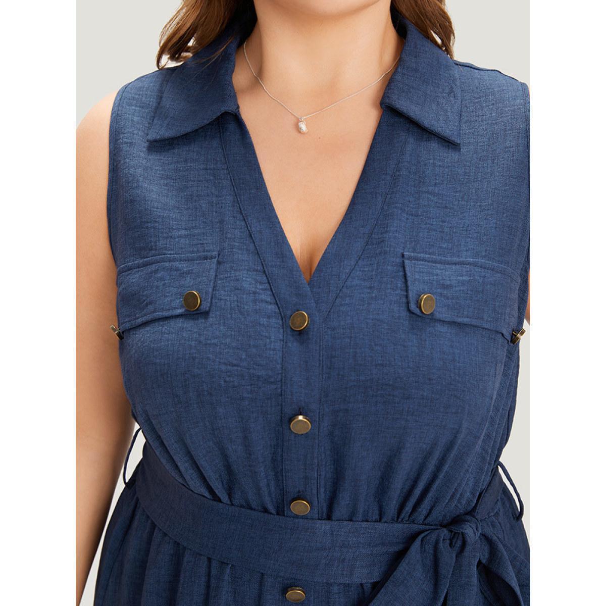 Plus Size Plain Pocket Button Detail Belted Split Side Tank Dress Navy Women Office Plain V-neck Sleeveless Curvy Midi Dress BloomChic 22-24/3X Product Image