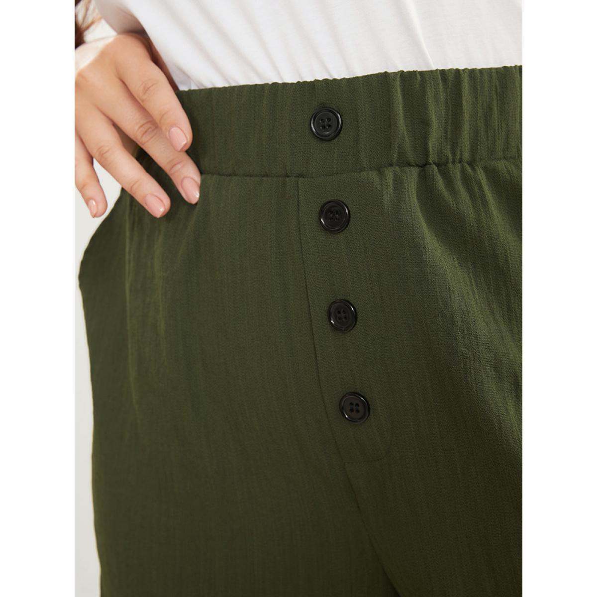 Plus Size Solid Elastic Waist Button Detail Pocket Loose Pants Women ArmyGreen Casual Loose High Rise Work Pants BloomChic 12/L Product Image