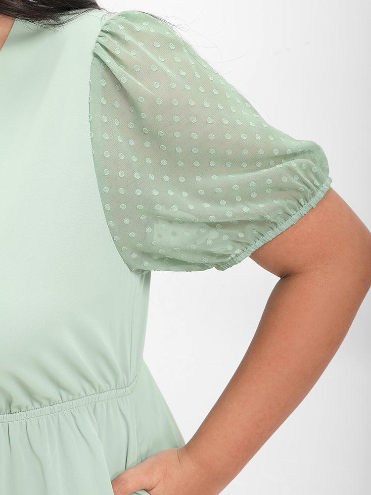 Solid Polka Dot Sleeve Button Dress Female Product Image