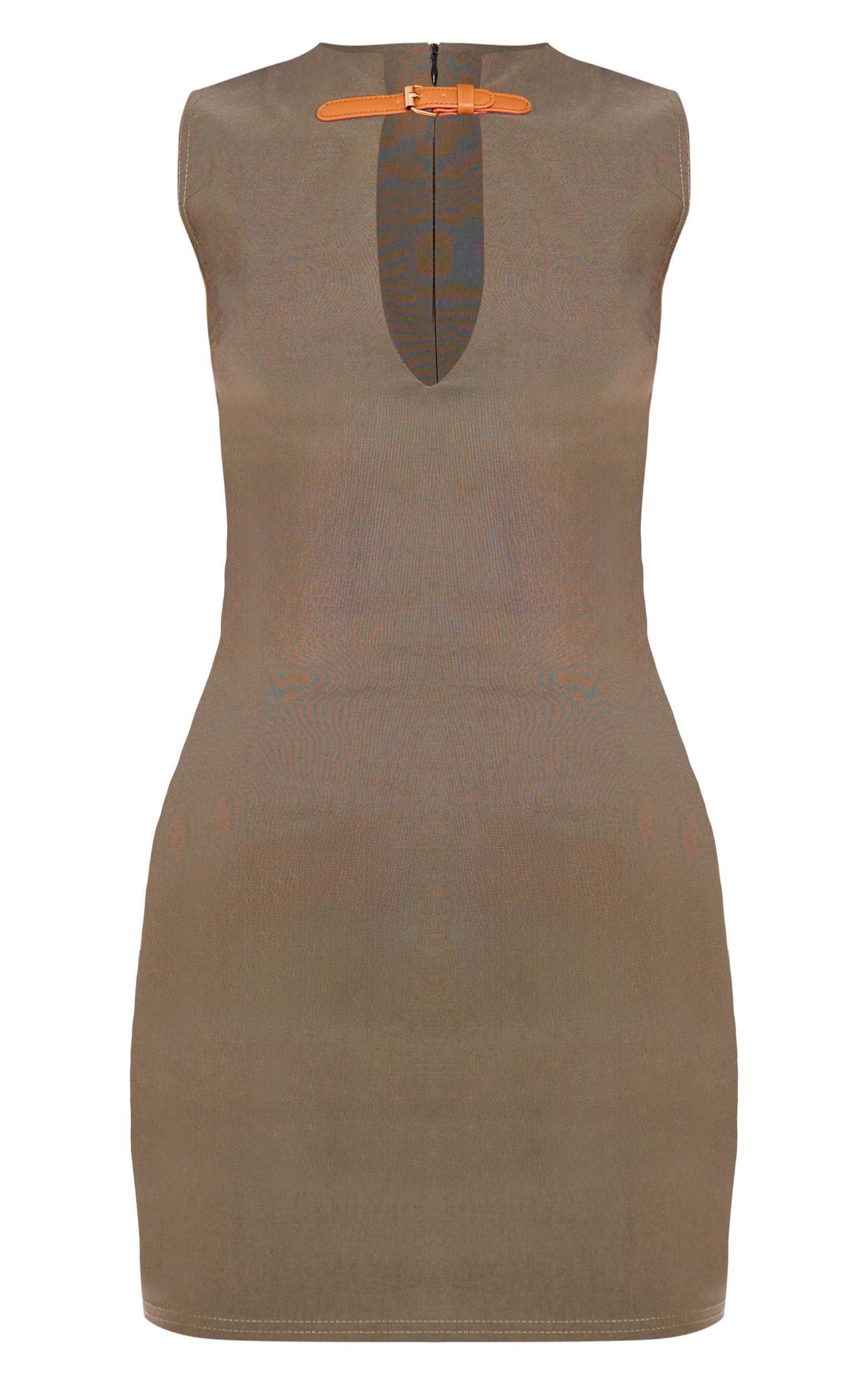 Dark Khaki Stretch Woven Keyhole Belted Bodycon Dress Product Image