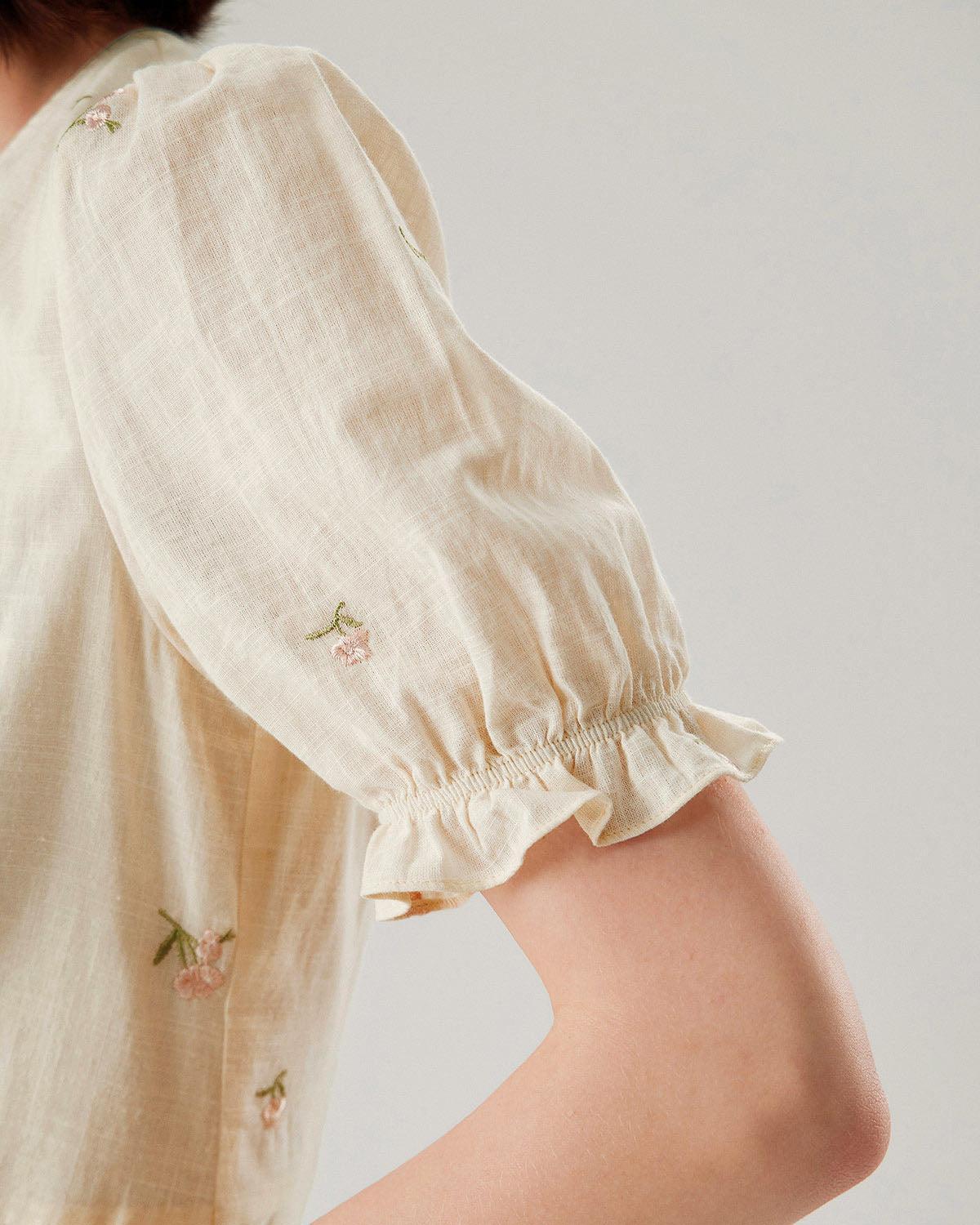 Beige Embroidery Puffed Sleeve Wrap Midi Dress Product Image
