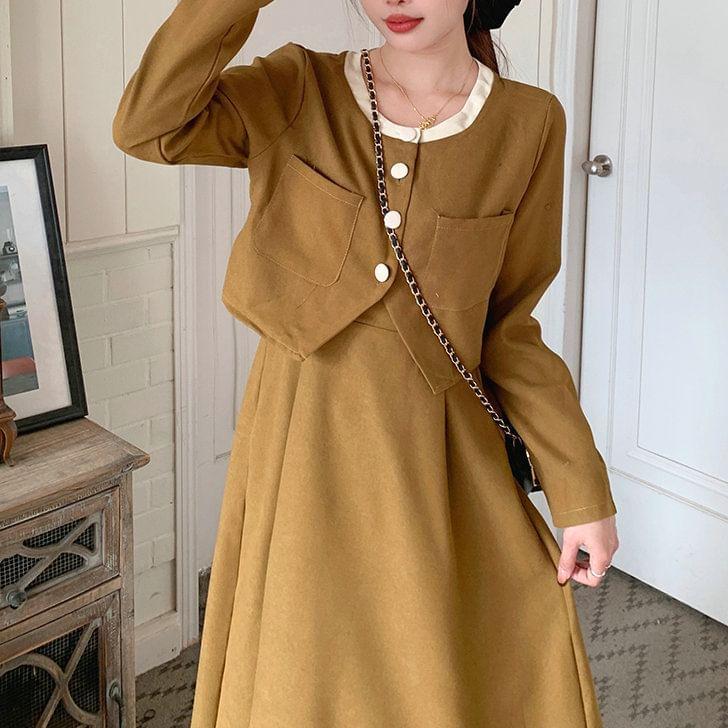 Set: Spaghetti Strap Plain Corduroy Midi A-Line Dress + Round Neck Contrast Trim Button Jacket Product Image