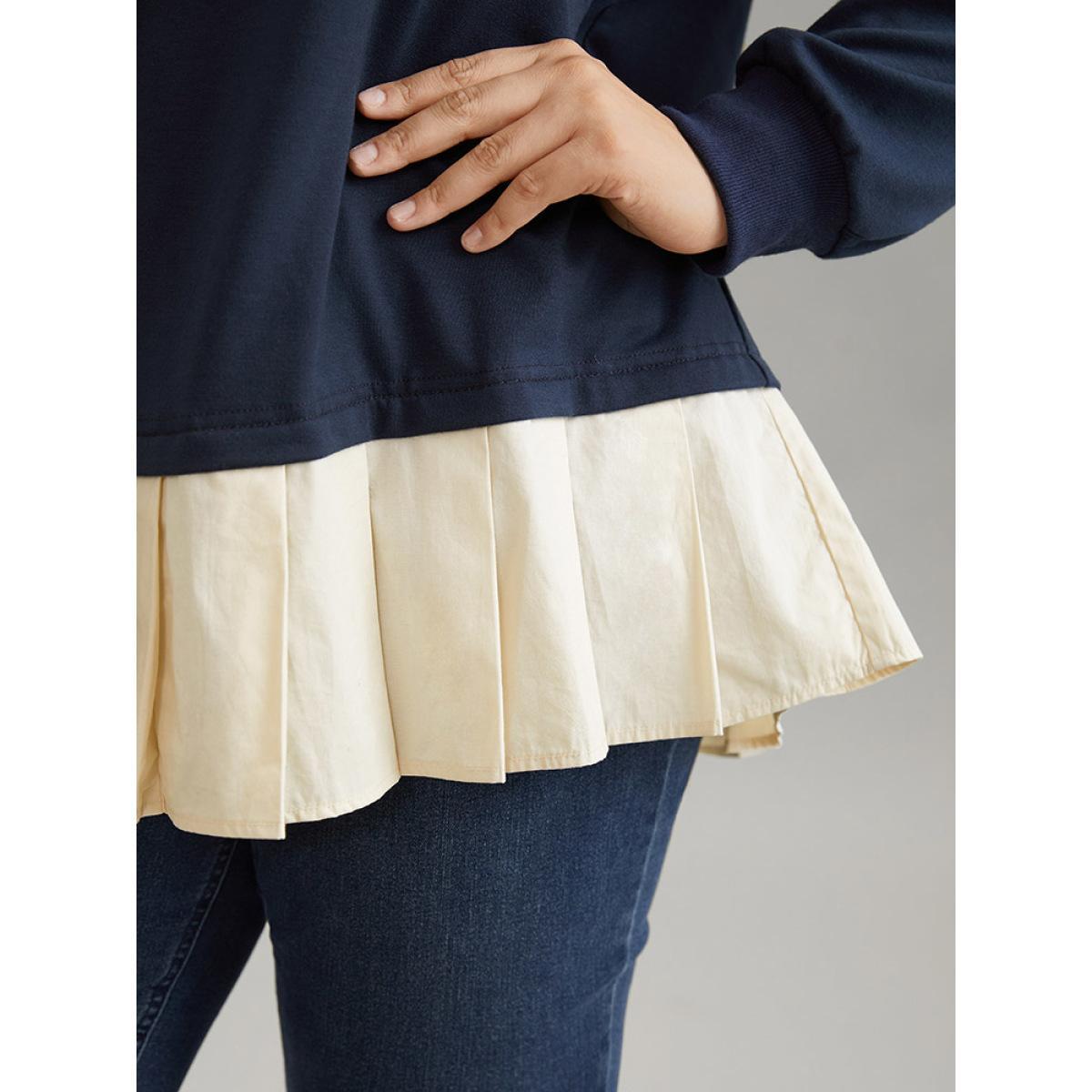 Plus Size 2-In-1 Two Tone Pleated Hem Sweatshirt Women Navy Casual Rib Knit Round Neck Dailywear Sweatshirts BloomChic 14-16/1X Product Image