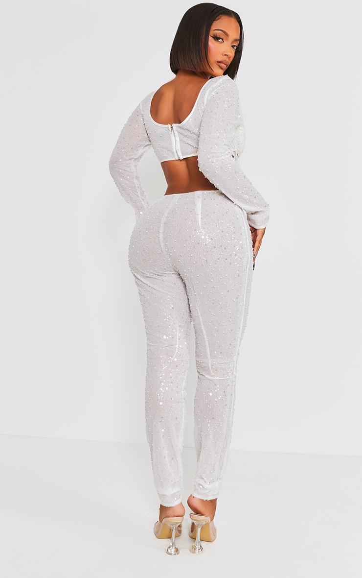 Shape White Sequin Mesh Corset Detail Jumpsuit Product Image
