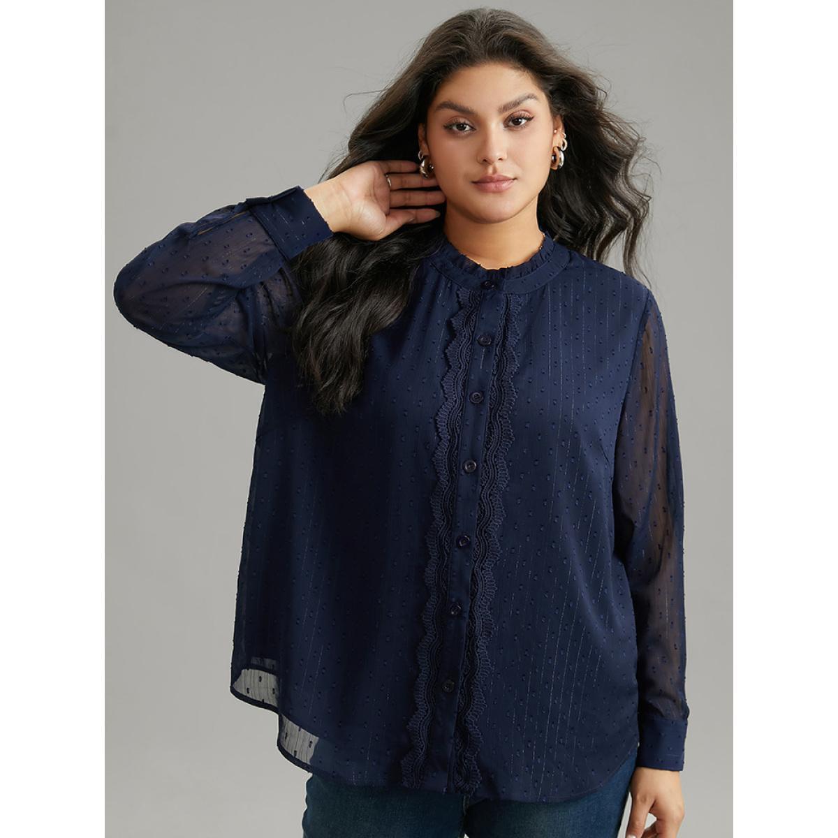 Plus Size Indigo Guipure Lace Mesh Button Through Blouse Women Elegant Long Sleeve Stand-up collar Dailywear Blouses BloomChic 28/5X Product Image
