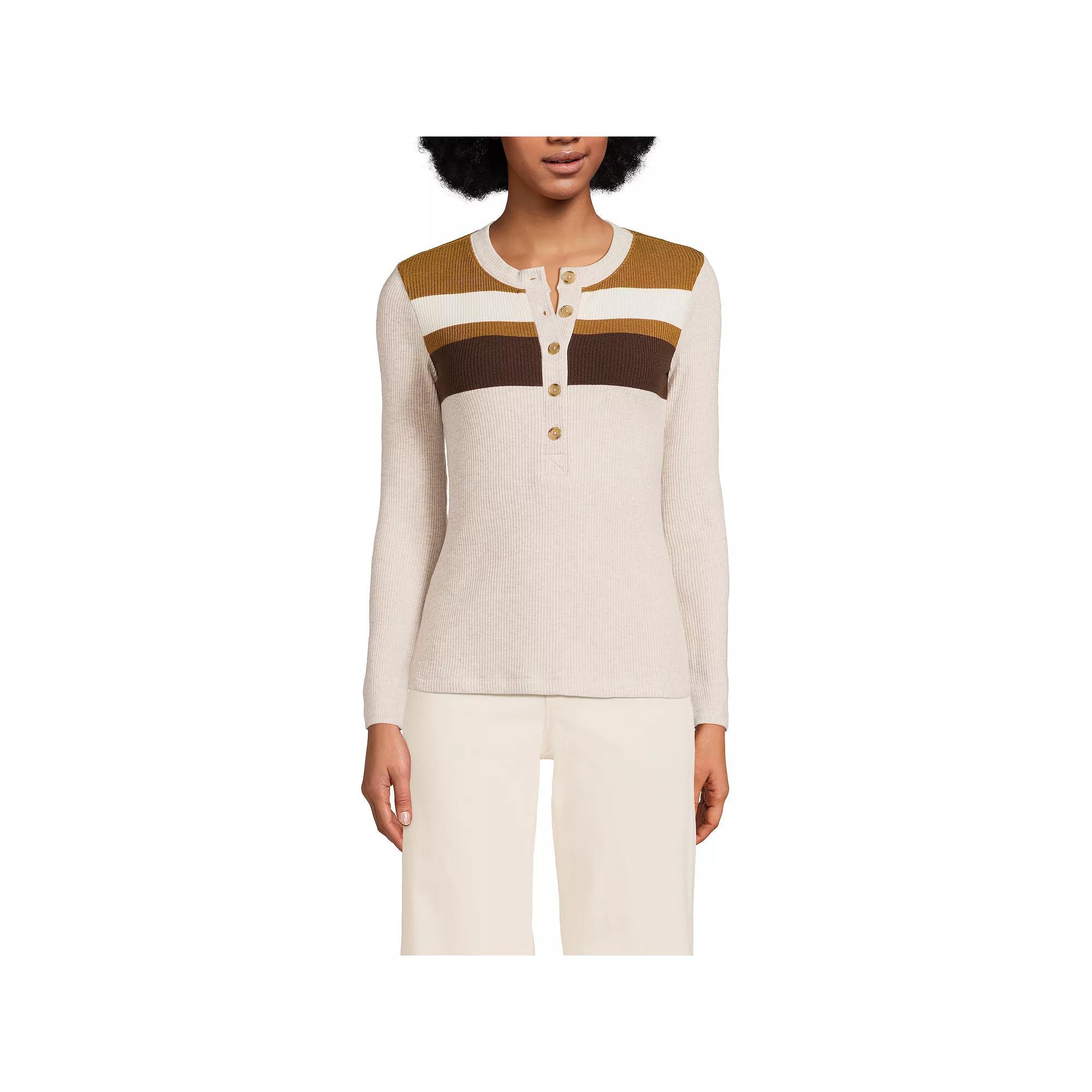 Women's Lands' End Long Sleeve Cozy Rib Henley Top, Size: Large, Coriander Stripe Product Image