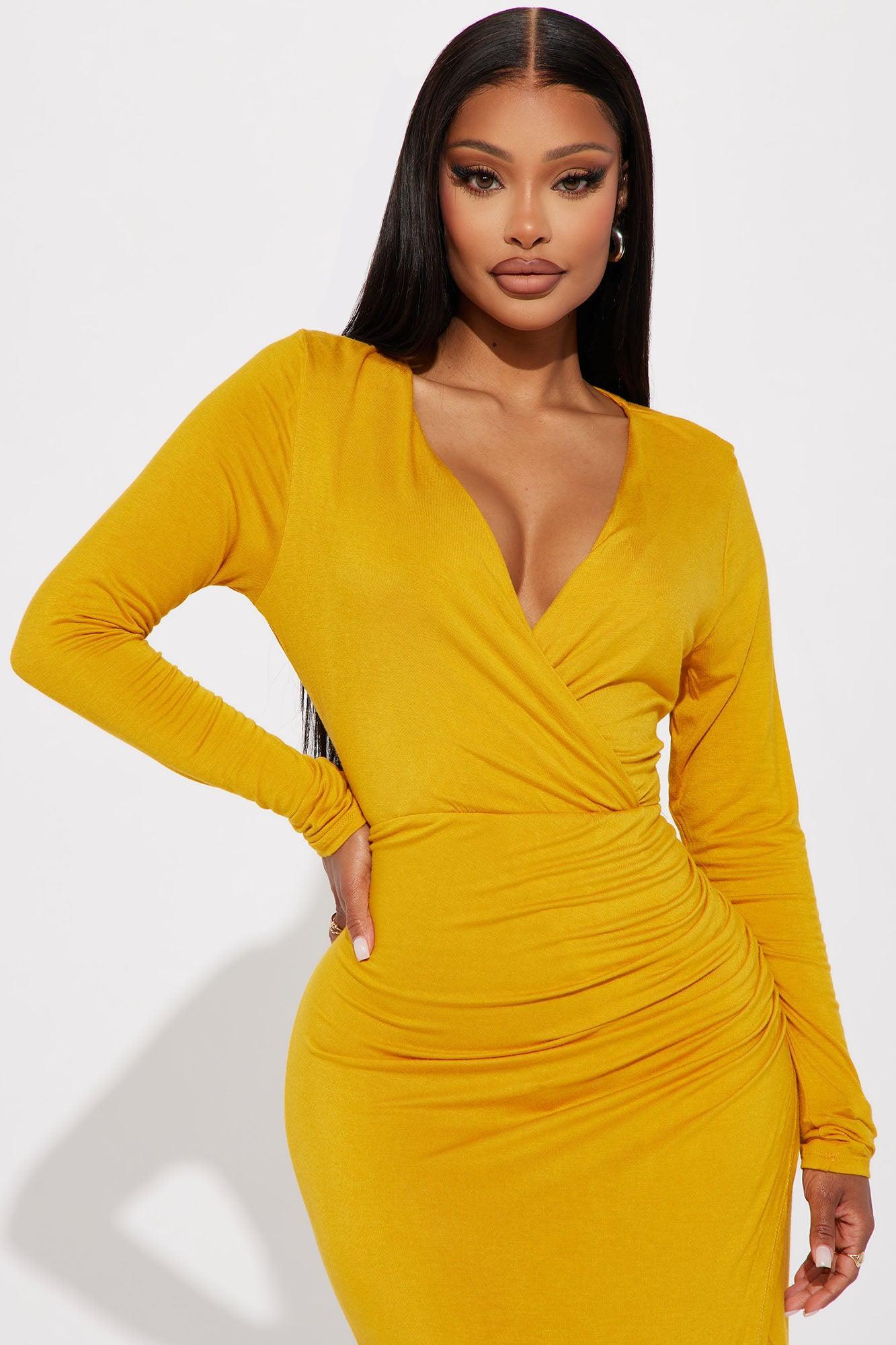 Claire Ruched Midi Dress - Mustard Product Image